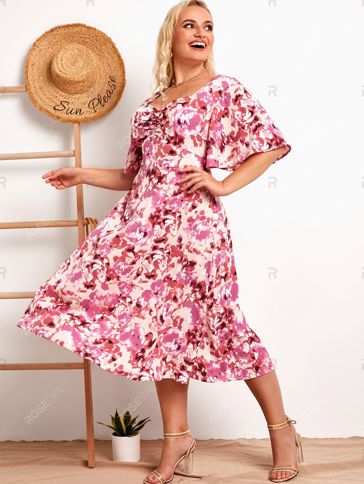 Plus Size Flower Print Ruched Empire Waist Cottagecore Midi Dress