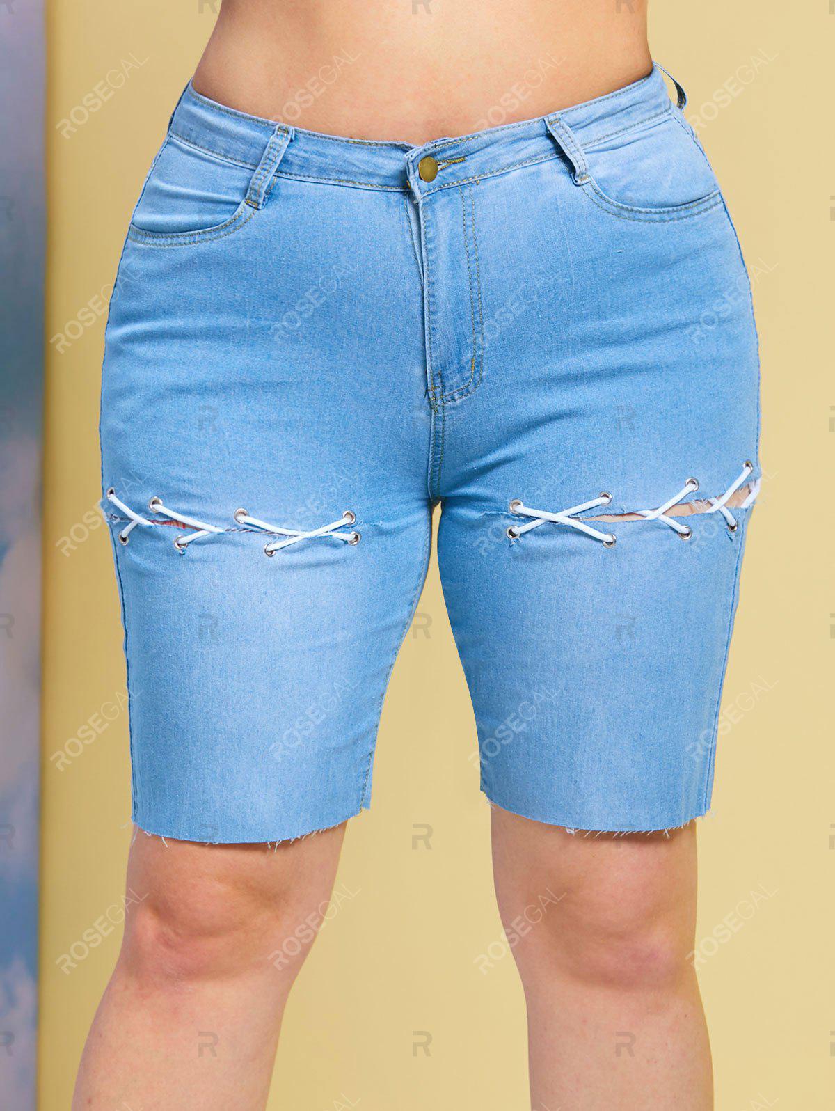 Raw Hem Lace Up Plus Size Biker Denim Shorts