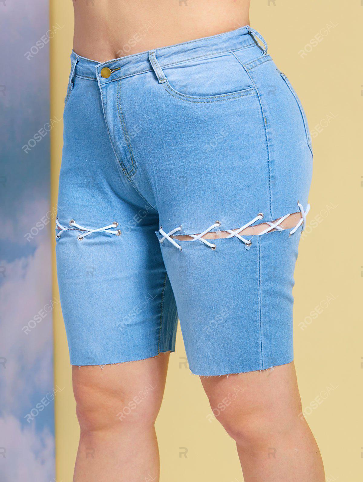 Raw Hem Lace Up Plus Size Biker Denim Shorts