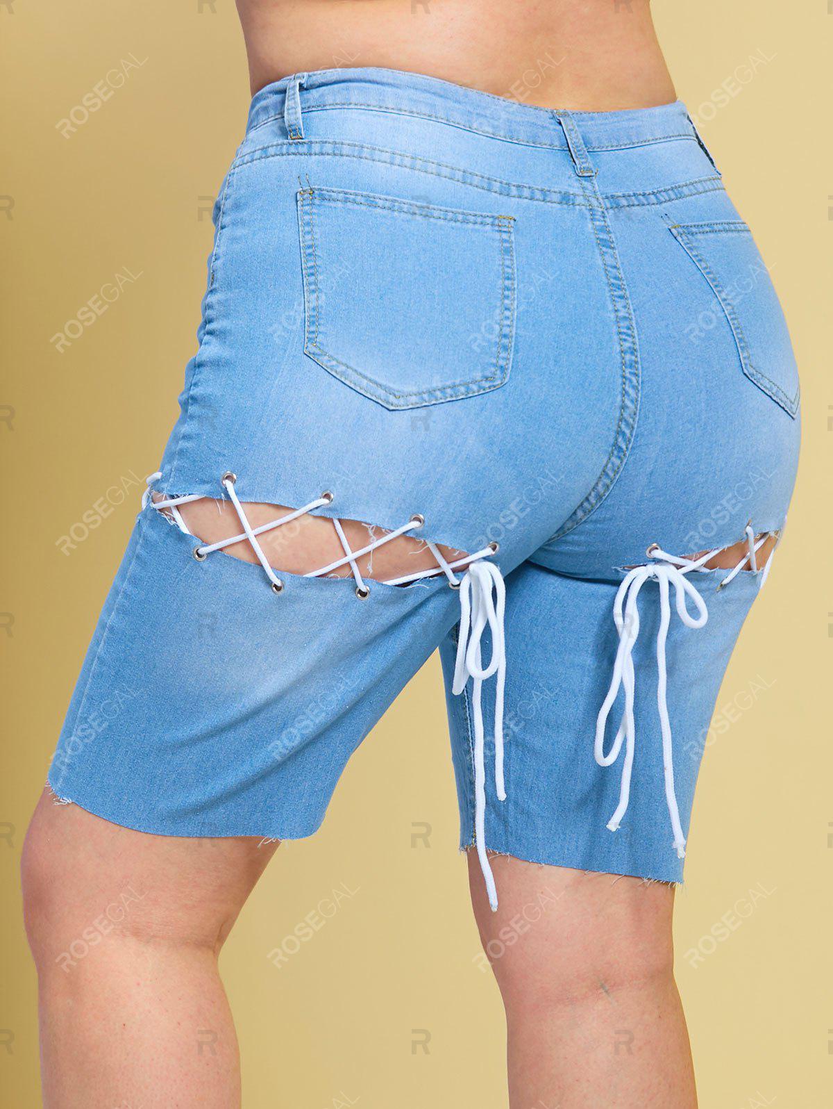 Raw Hem Lace Up Plus Size Biker Denim Shorts