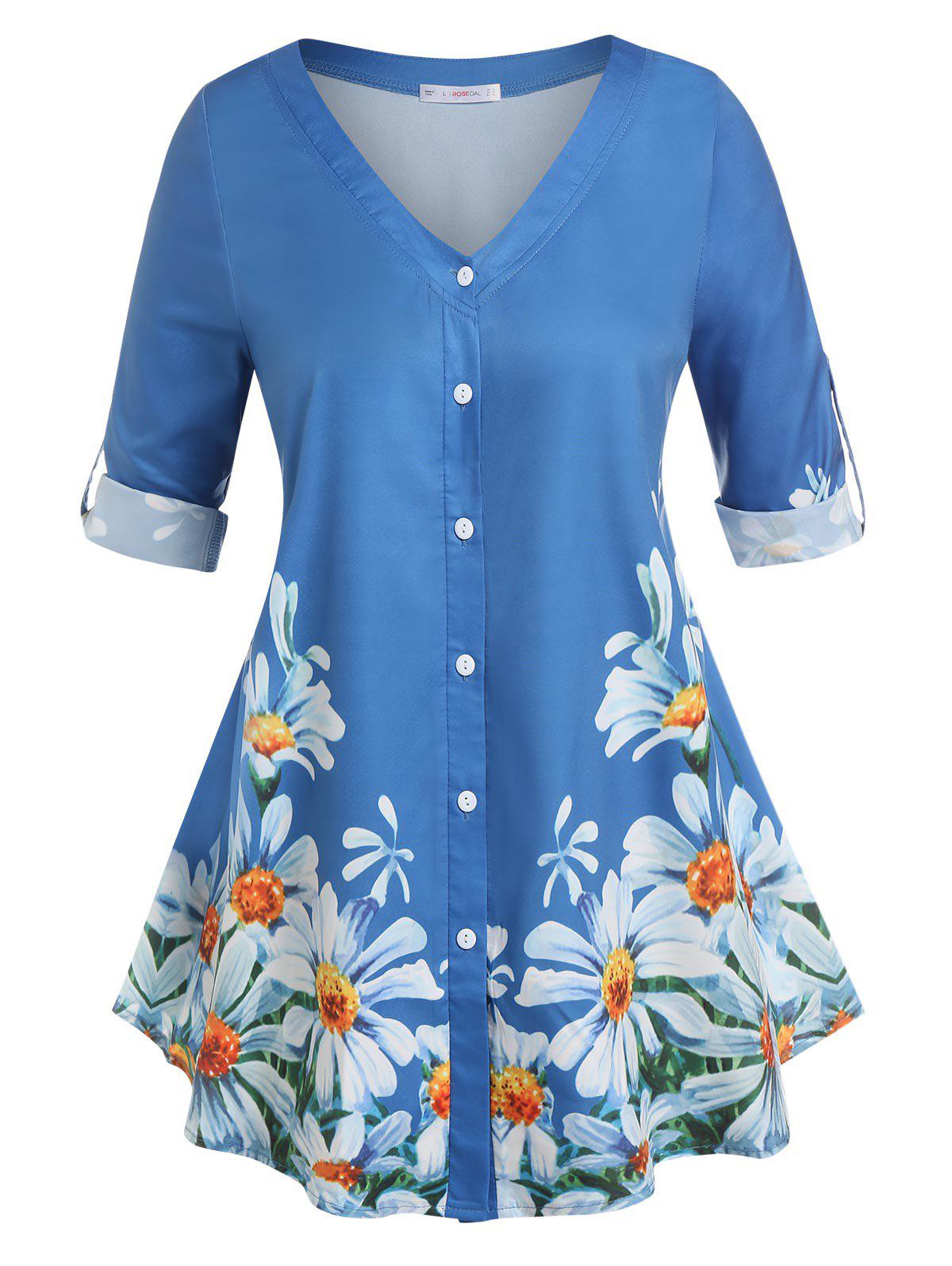 Plus Size Roll Up Sleeve Floral Print Blouse