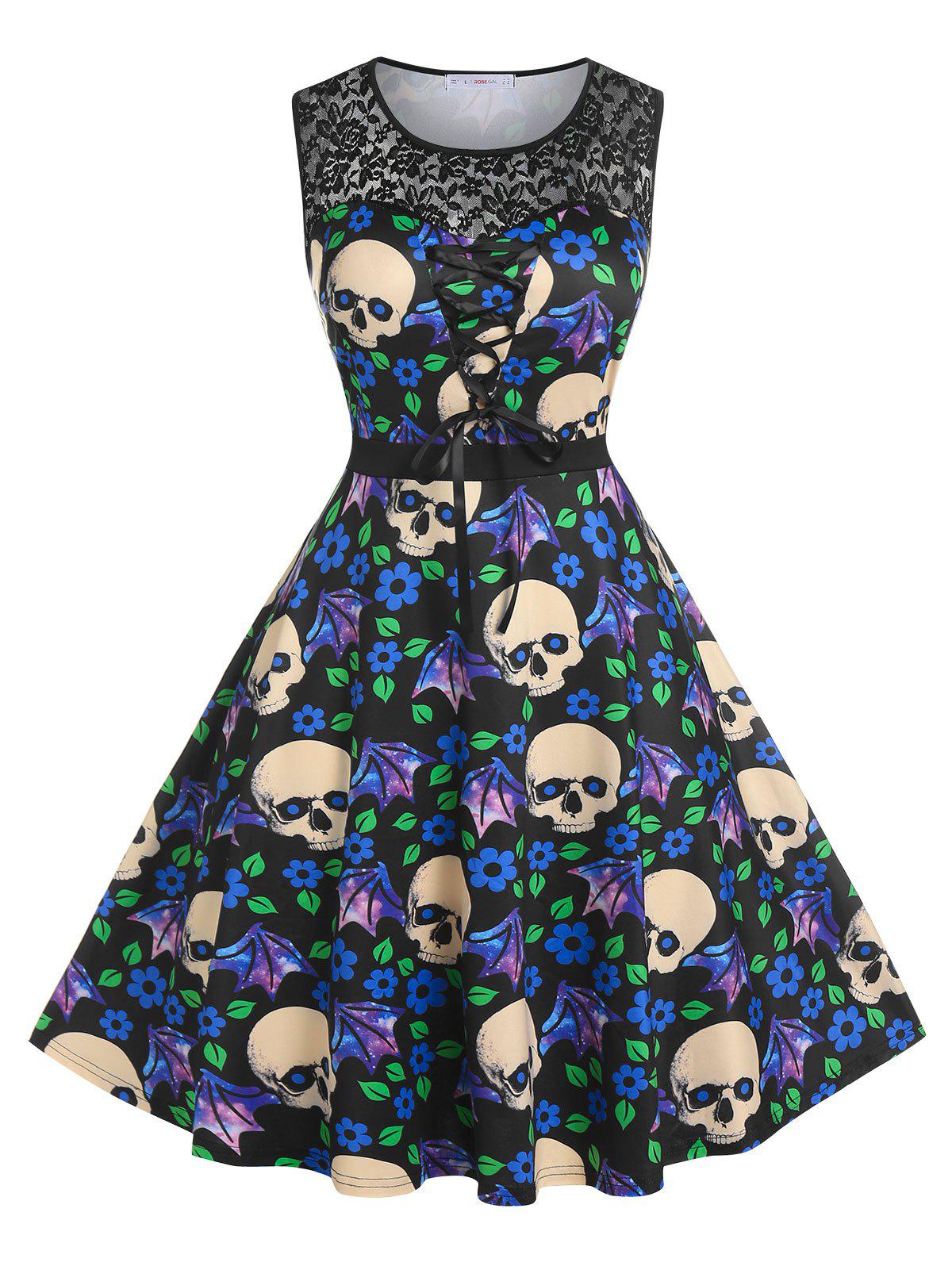 Plus Size Skull Floral Print Lace Insert 50s Dress