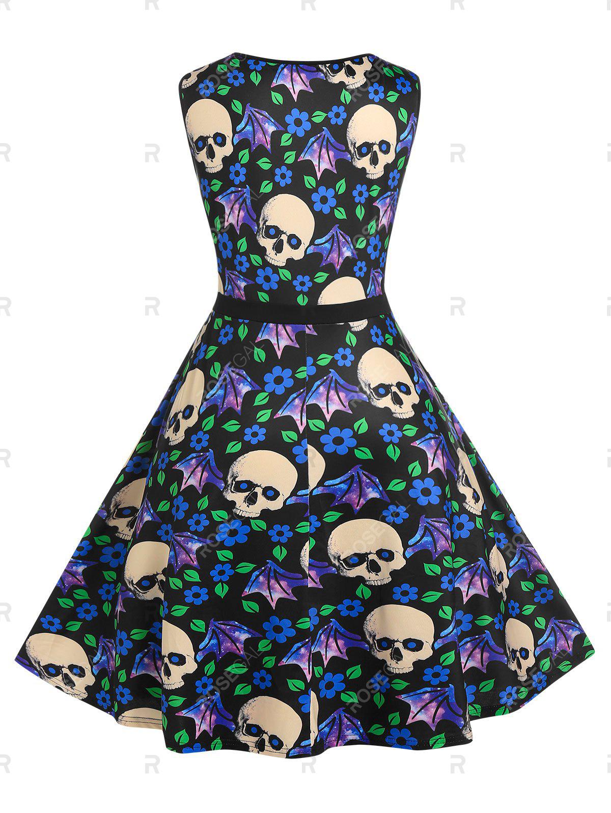 Plus Size Skull Floral Print Lace Insert 50s Dress