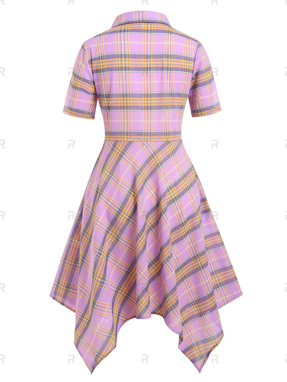 Plus Size Plaid Button Up Handkerchief Shirt Midi 1950s Dress