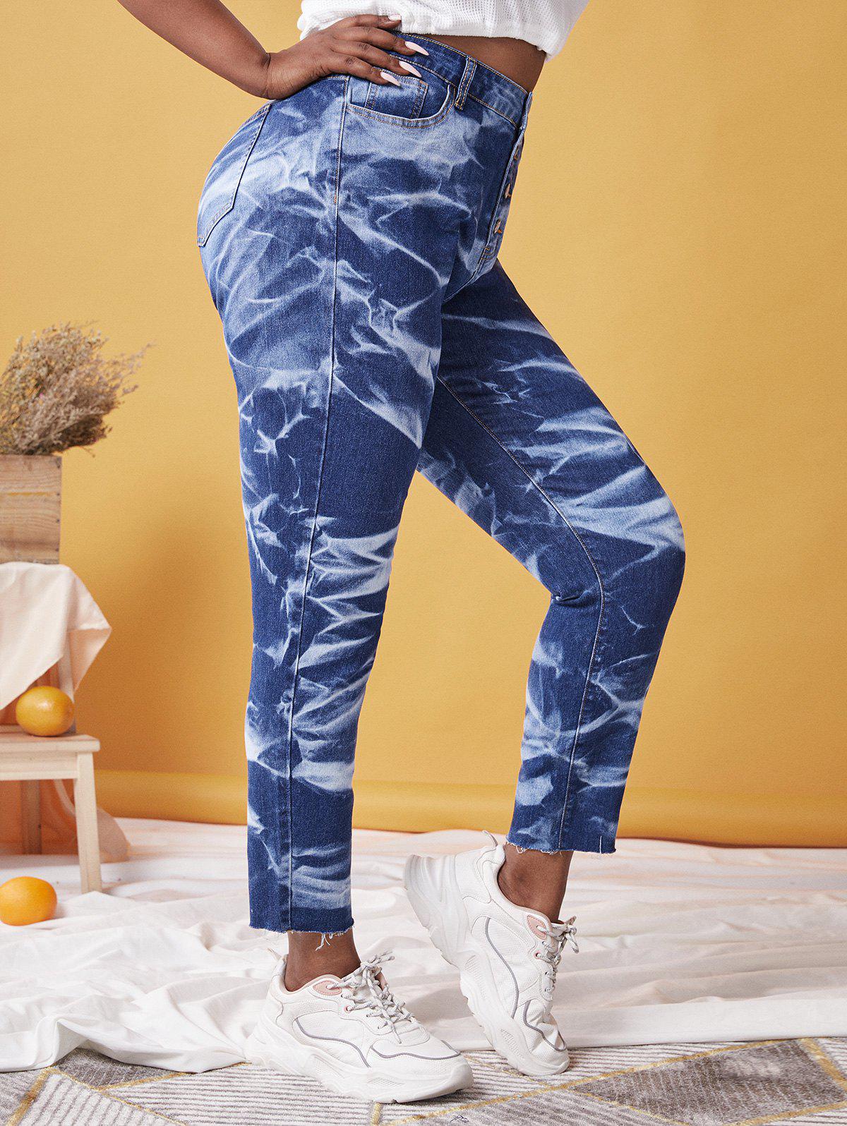 Plus Size Tie Dye Button Fly Frayed Jeans