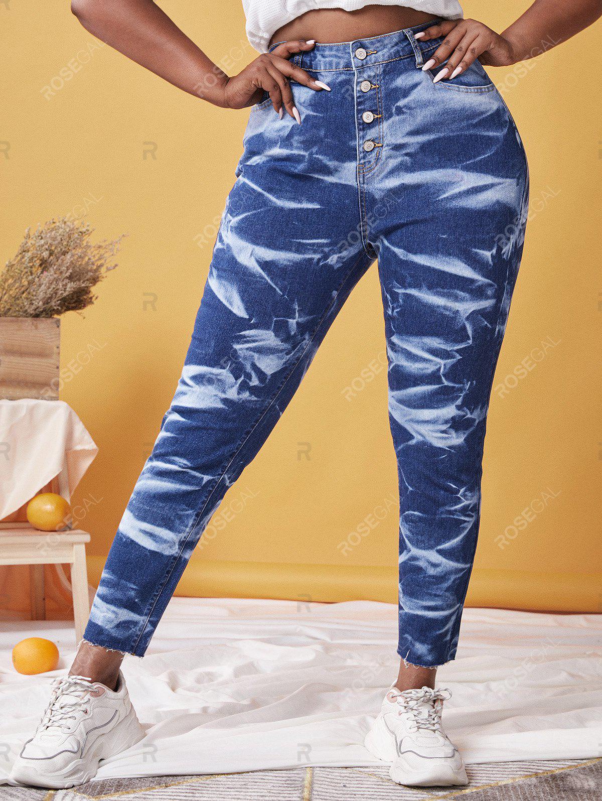 Plus Size Tie Dye Button Fly Frayed Jeans