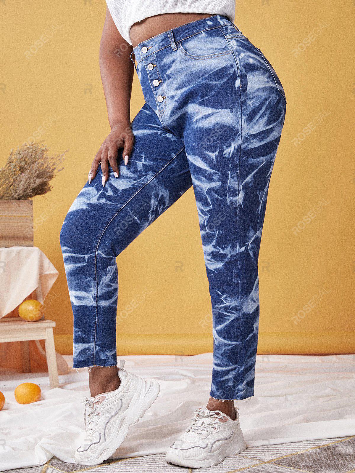 Plus Size Tie Dye Button Fly Frayed Jeans