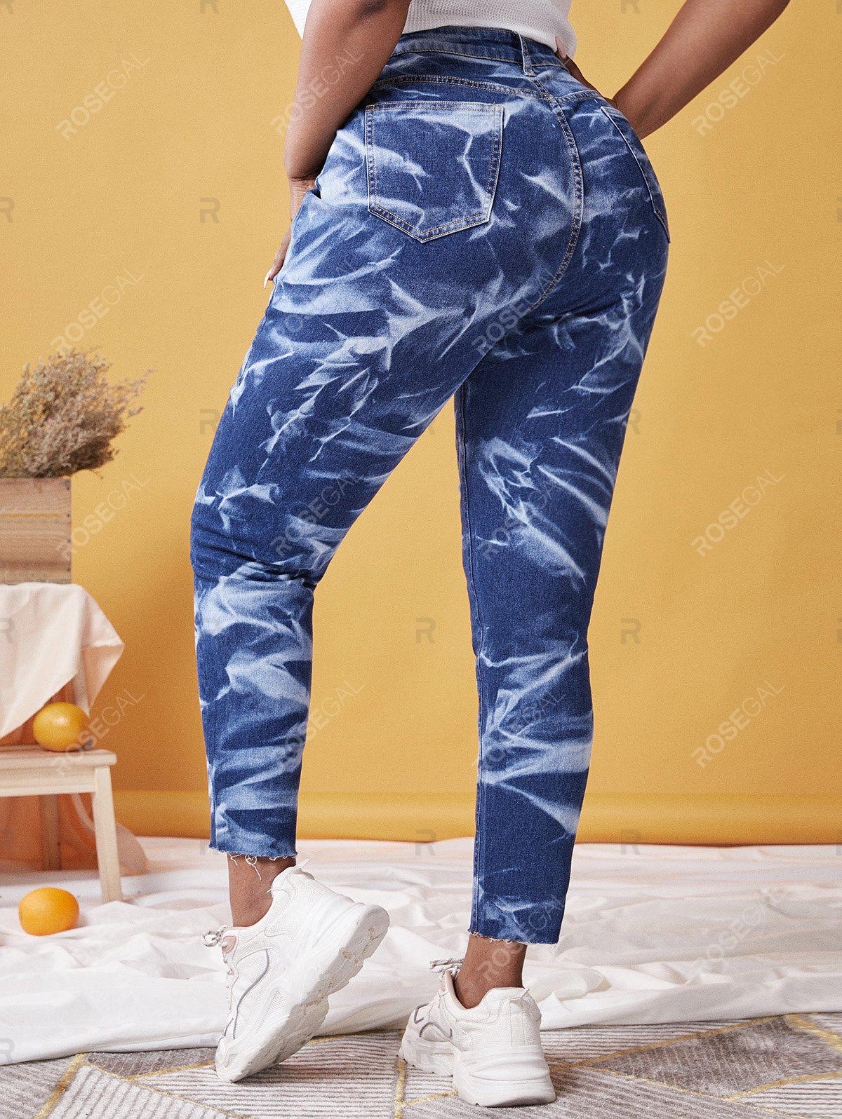 Plus Size Tie Dye Button Fly Frayed Jeans