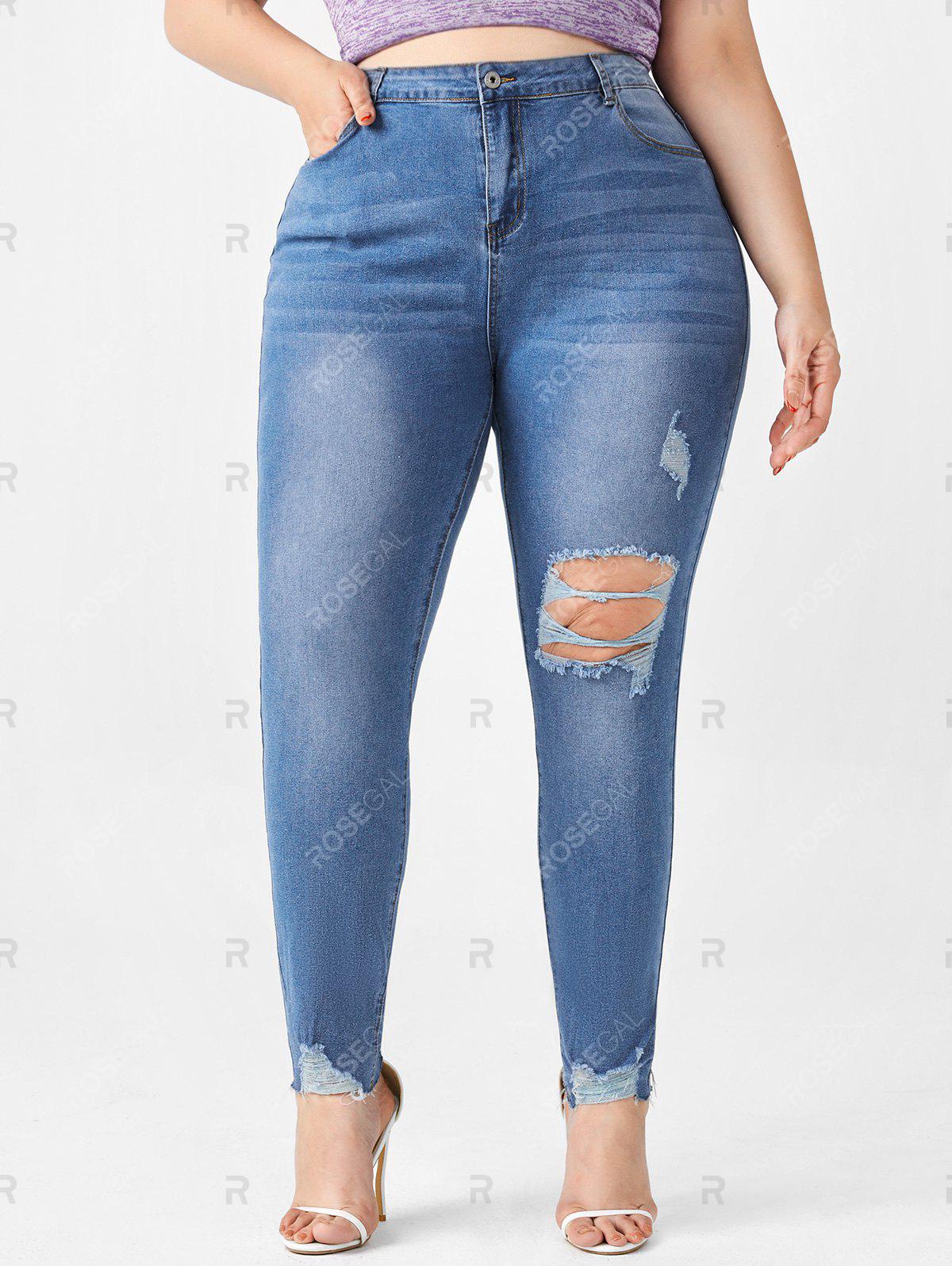 Plus Size Ribbed Destroyed Frayed Hem Jeans