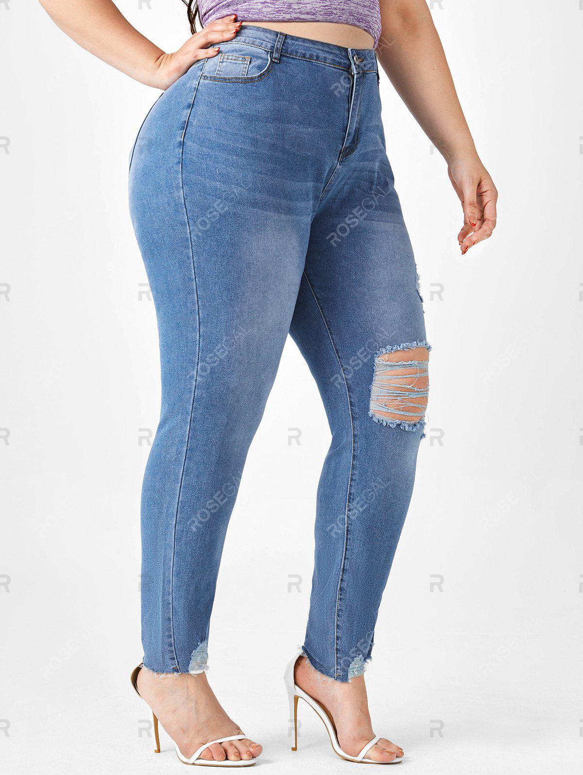 Plus Size Ribbed Destroyed Frayed Hem Jeans