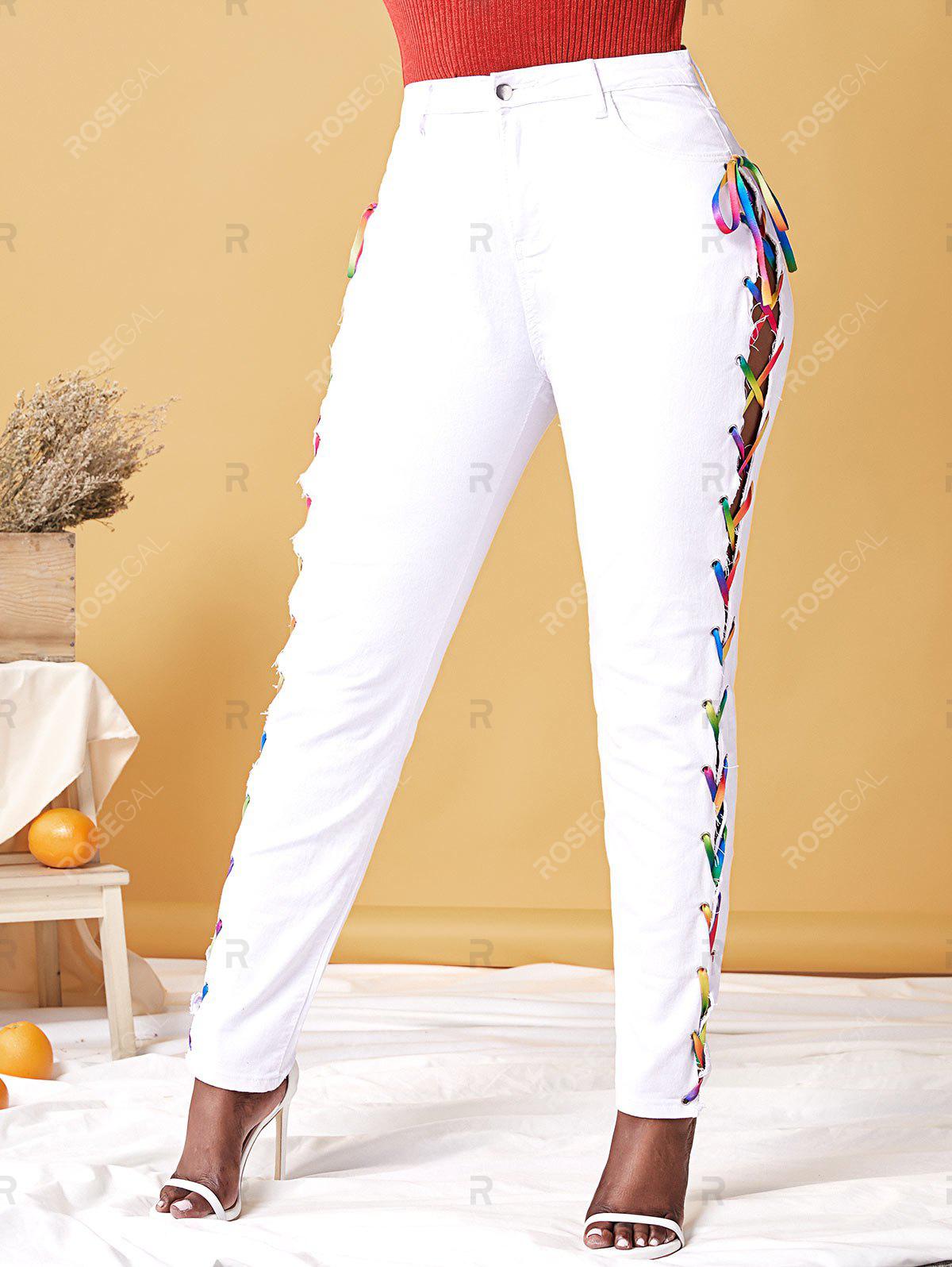 Plus Size Lace Up Rainbow High Waisted Jeans