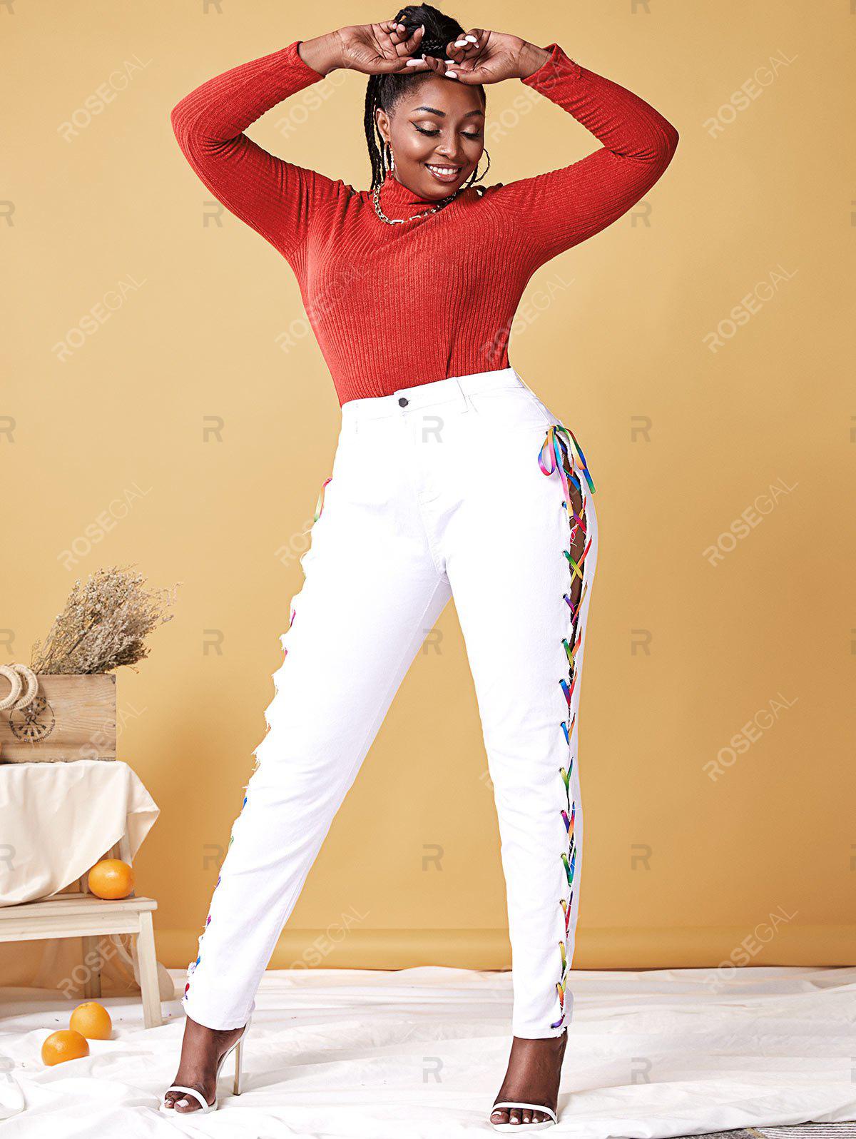 Plus Size Lace Up Rainbow High Waisted Jeans