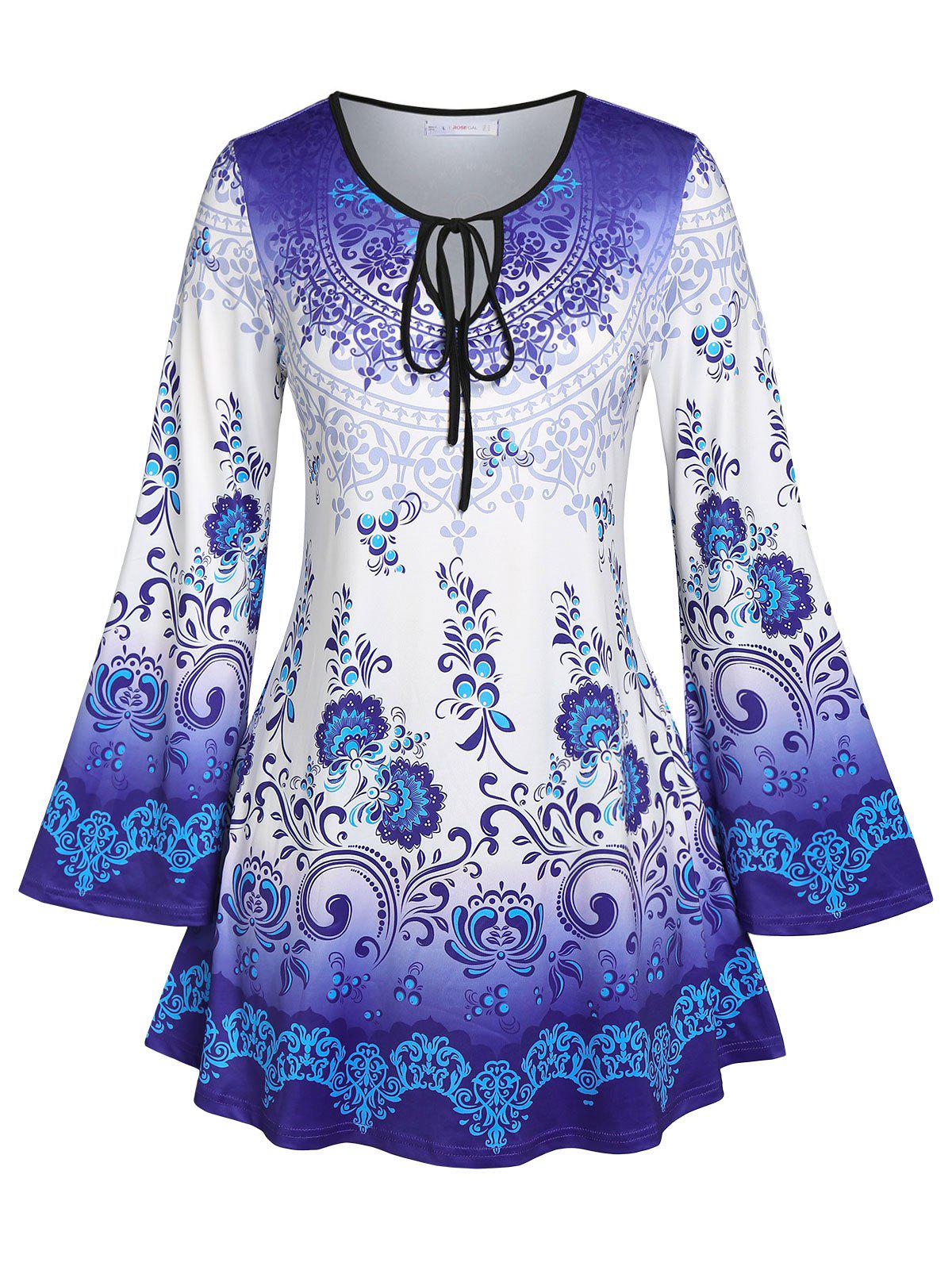 Plus Size Keyhole Tie Printed Flare Sleeve Tunic Tee