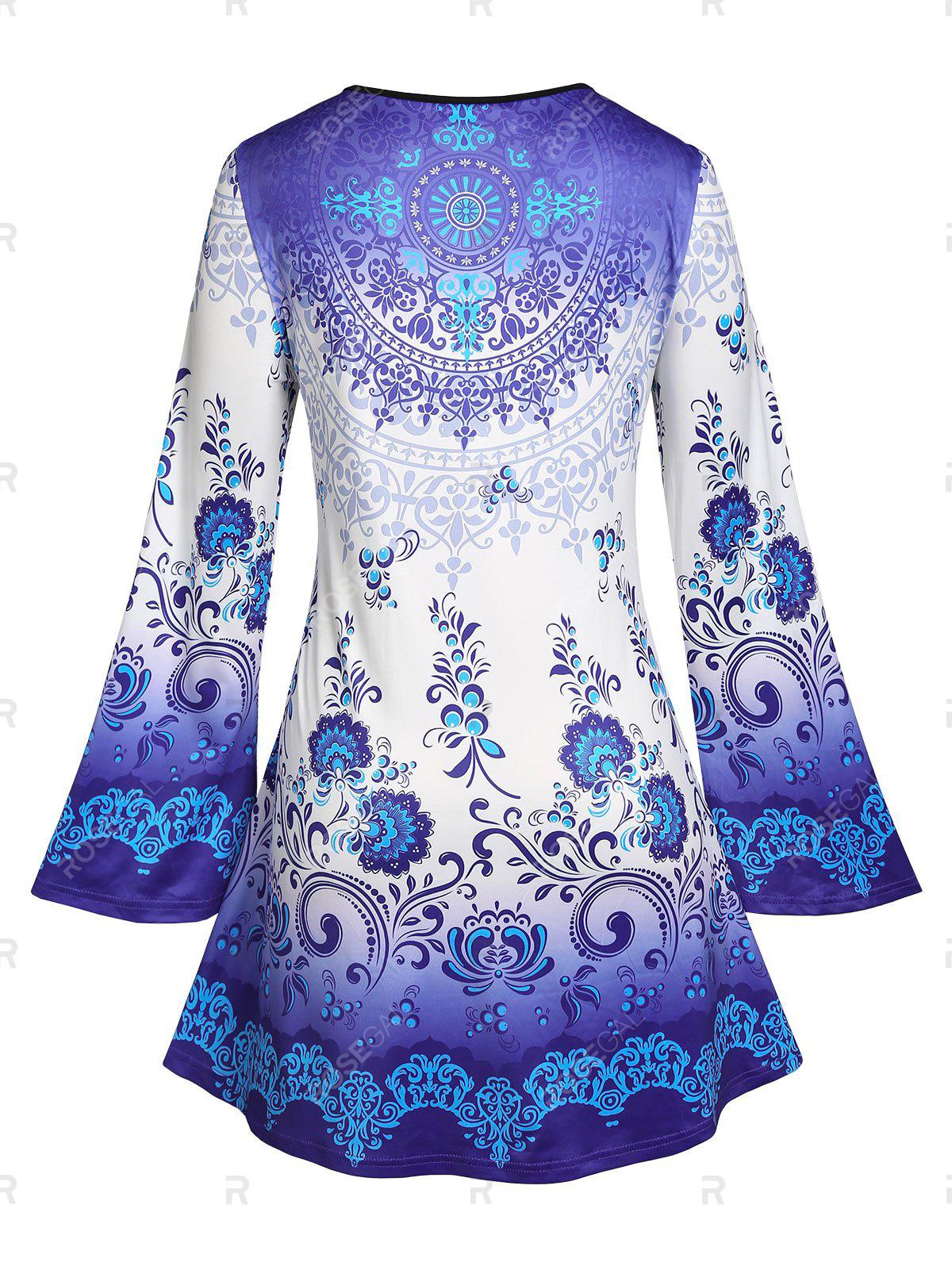 Plus Size Keyhole Tie Printed Flare Sleeve Tunic Tee