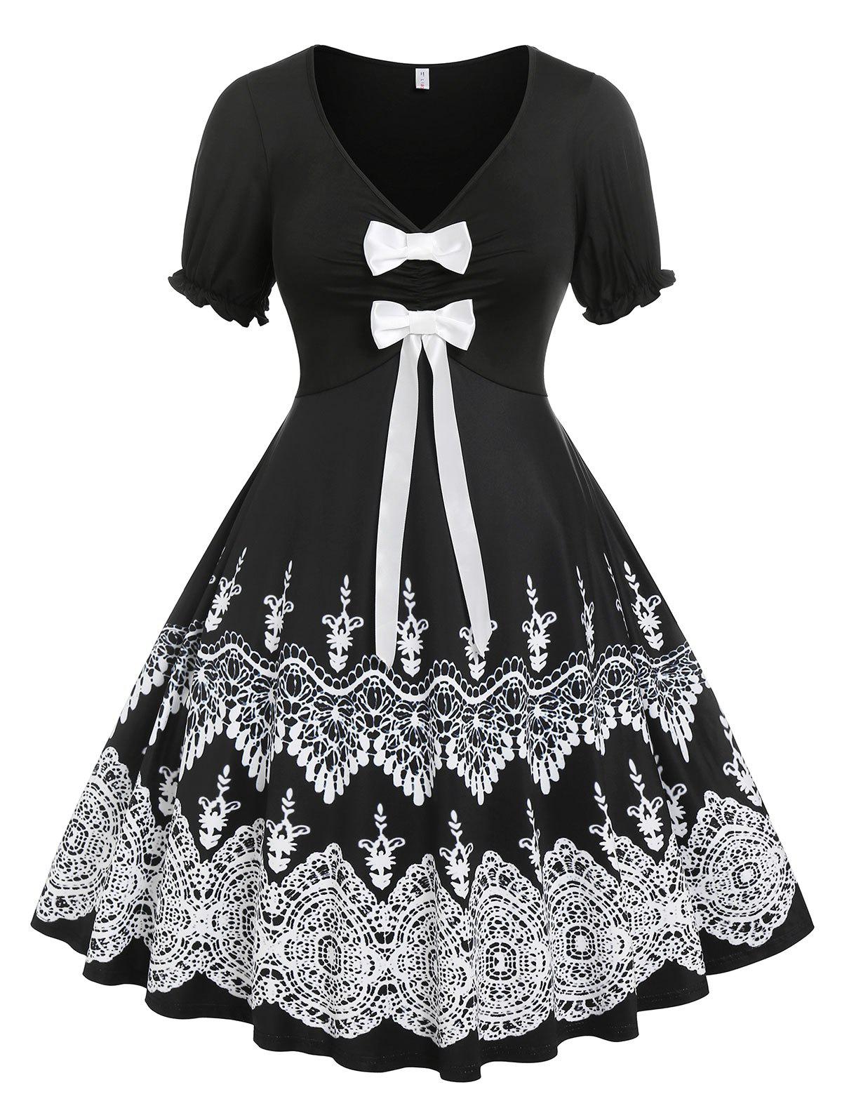 Plus Size Tribal Print Bowknot Flare 50s Dress