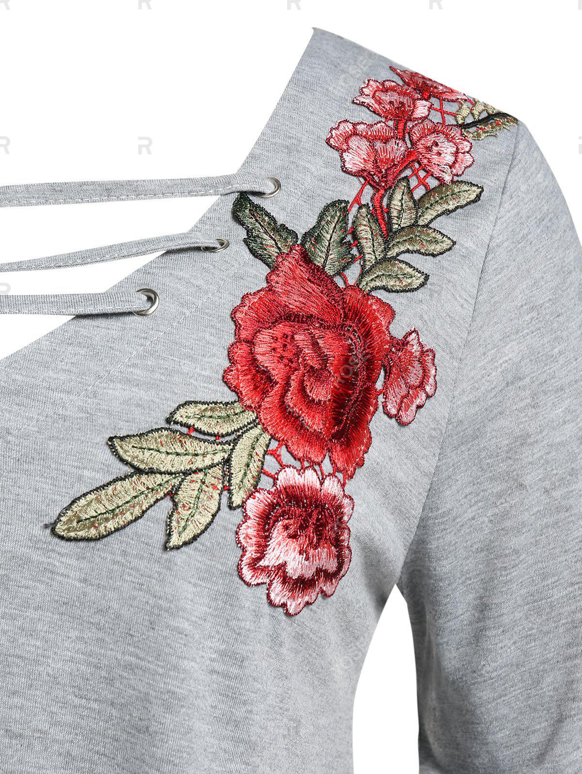 Plus Size Rose Embroidered Ladder Cutout Tunic Tee