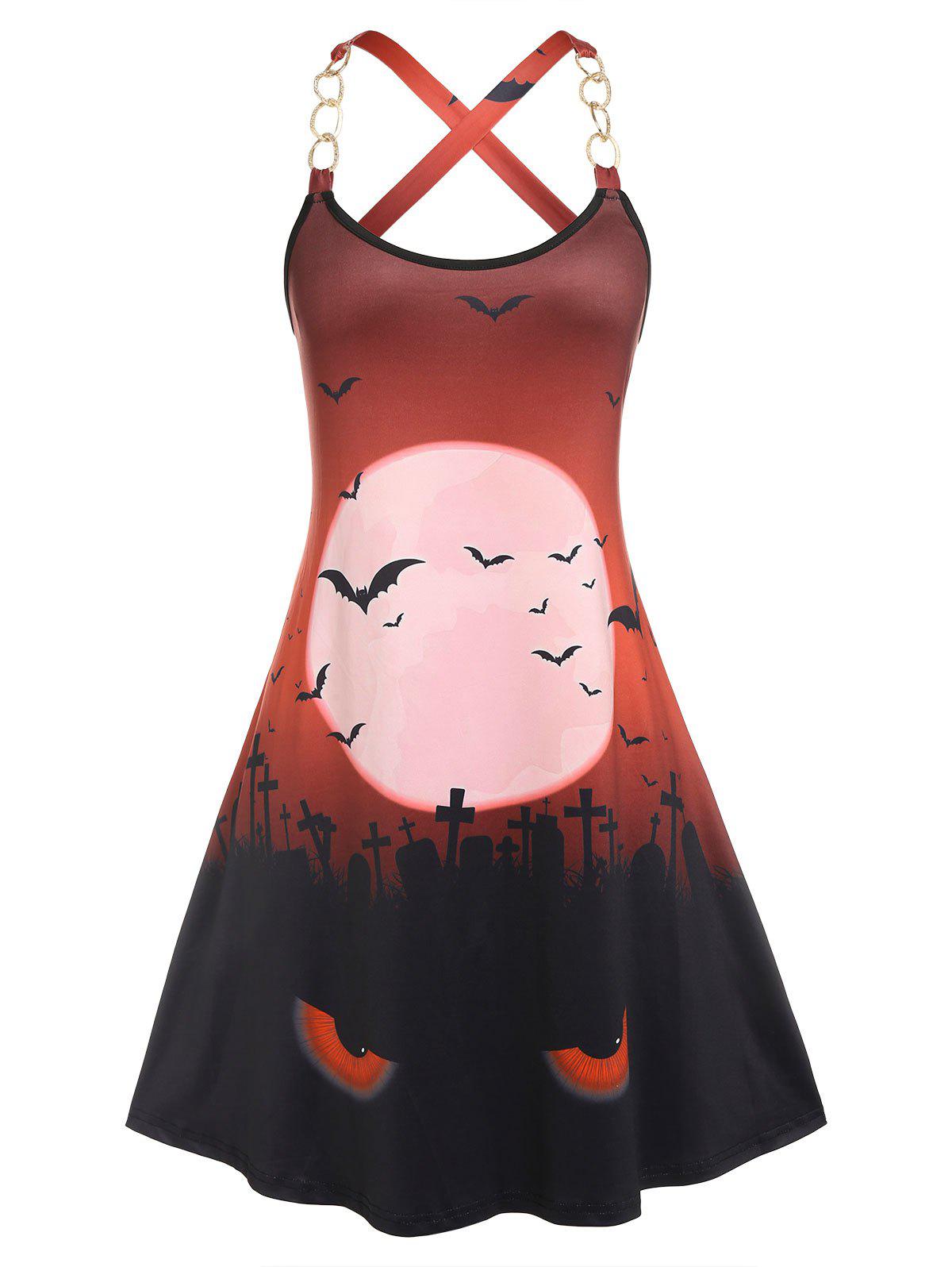 Plus Size Back Cross Graveyard Bats Print Dress