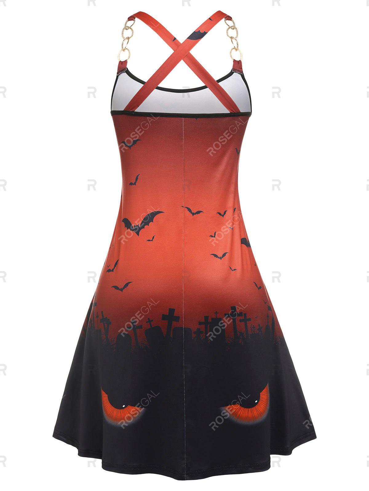 Plus Size Back Cross Graveyard Bats Print Dress