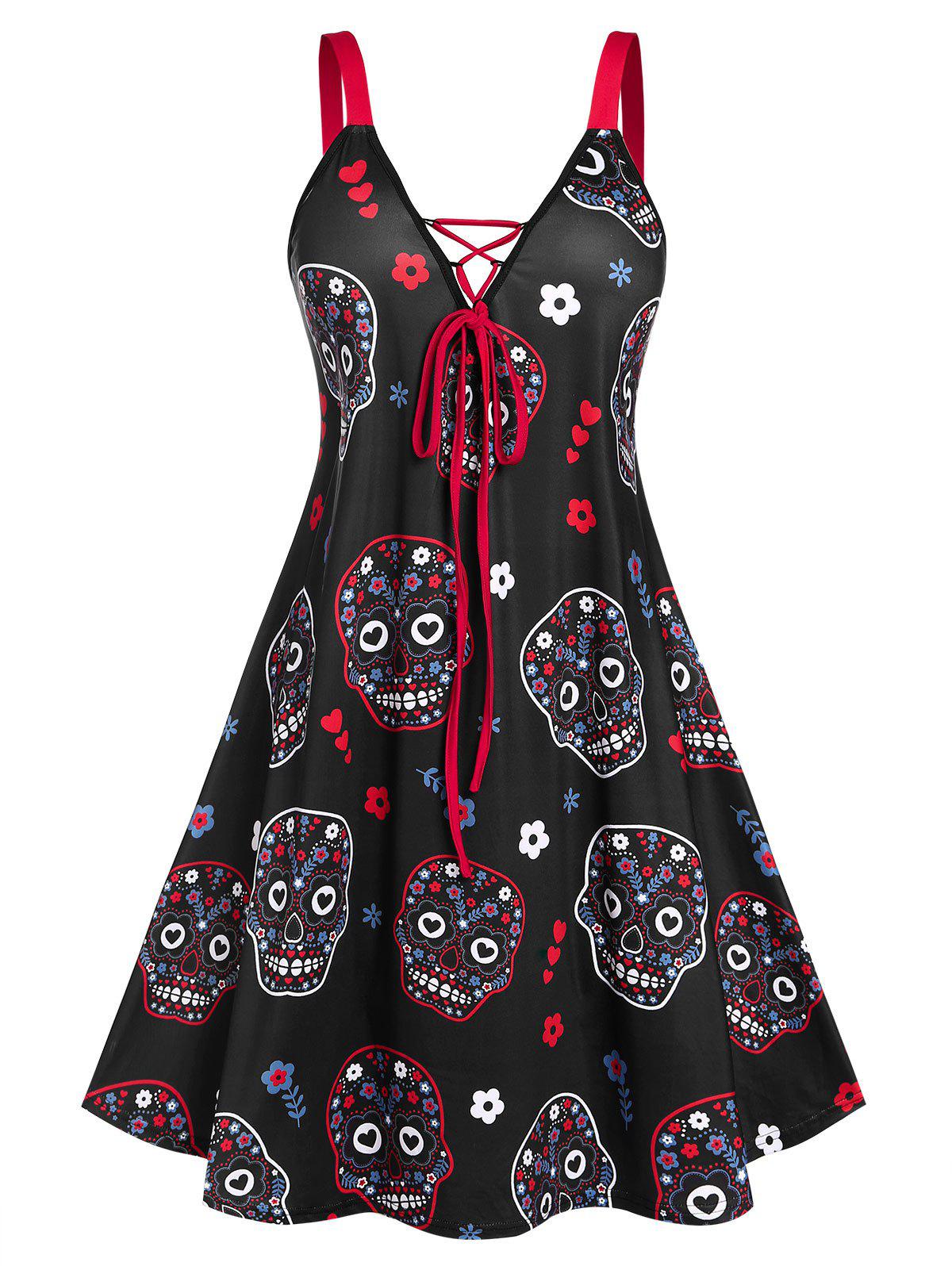 Plus Size Halloween Skull Floral Lace Up A Line Dress