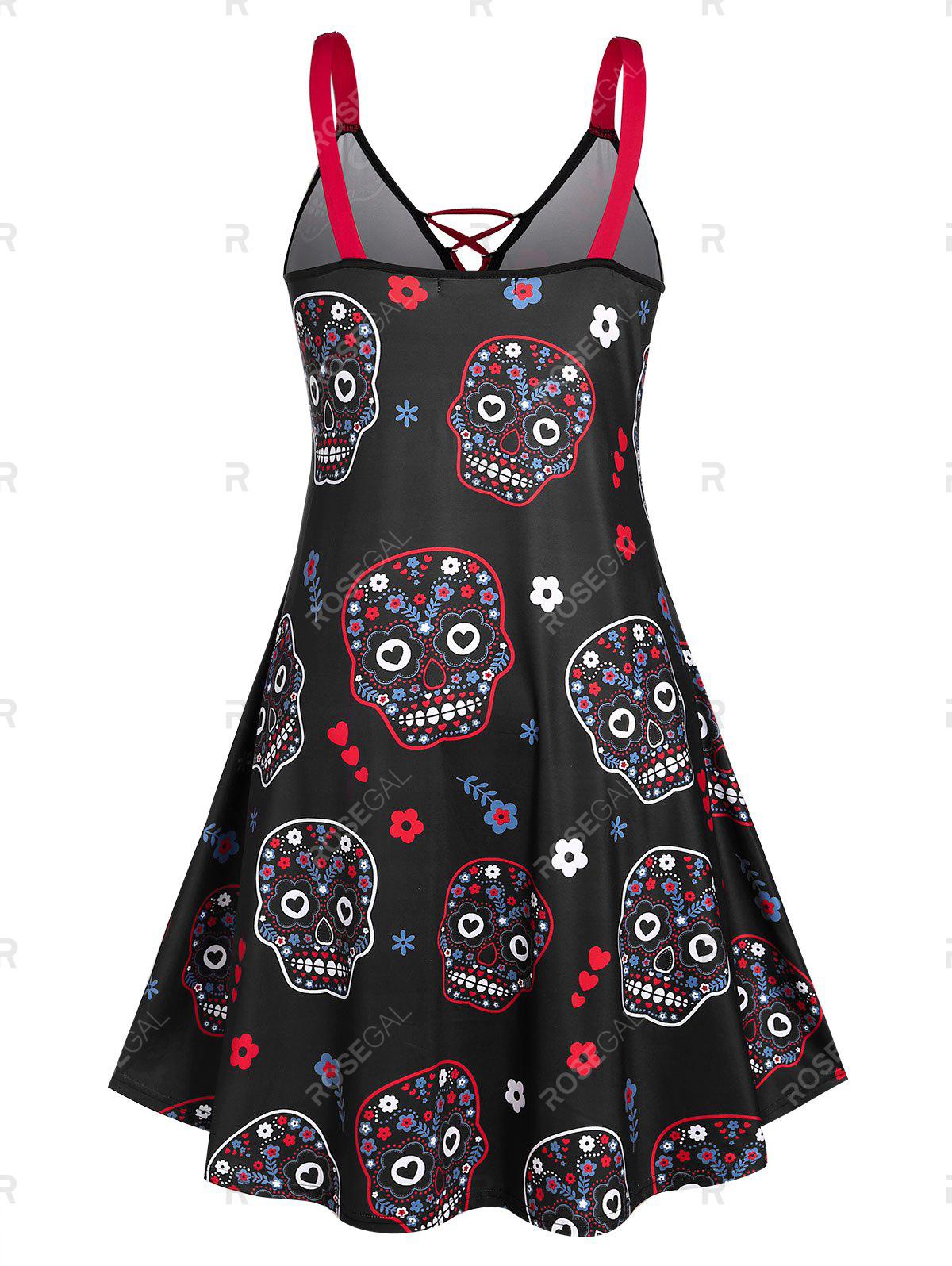 Plus Size Halloween Skull Floral Lace Up A Line Dress