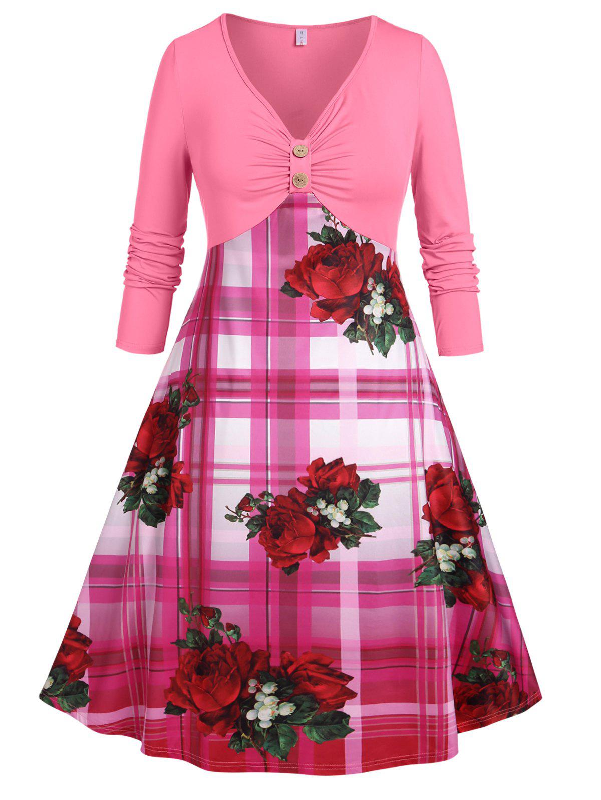 Plus Size Plaid Floral Print Empire Waist Midi Dress