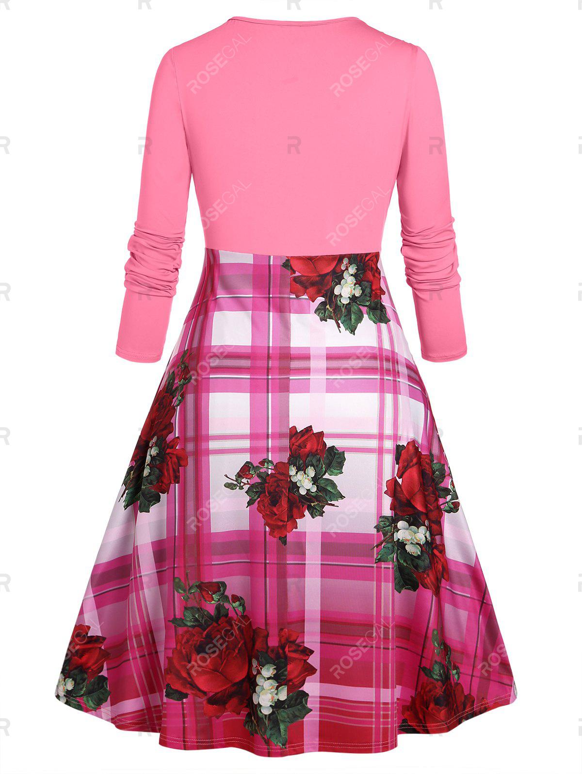 Plus Size Plaid Floral Print Empire Waist Midi Dress