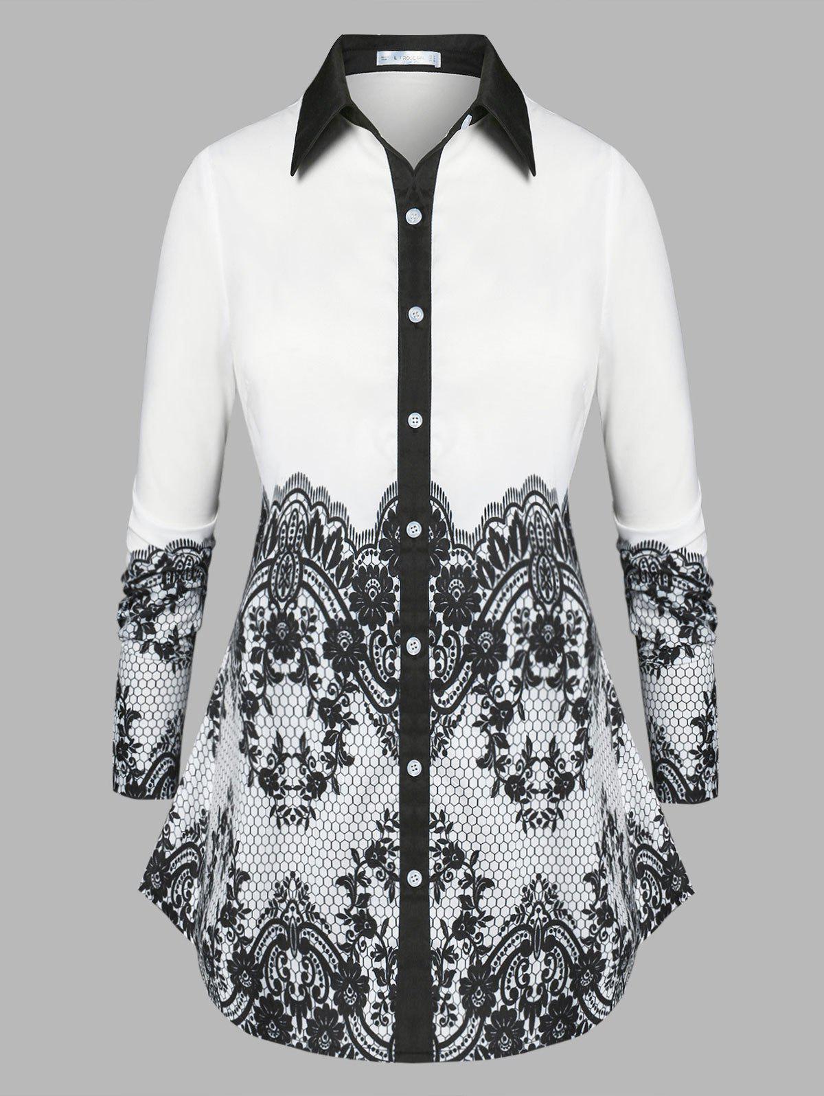 Plus Size Button Up Lace Print Shirt