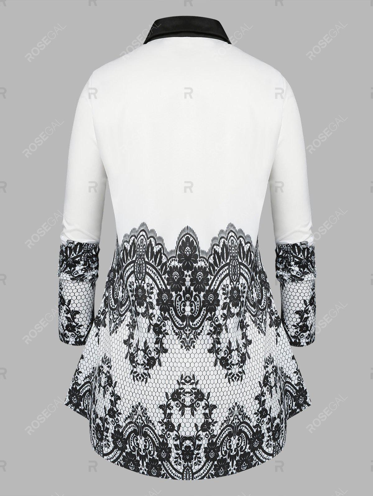 Plus Size Button Up Lace Print Shirt