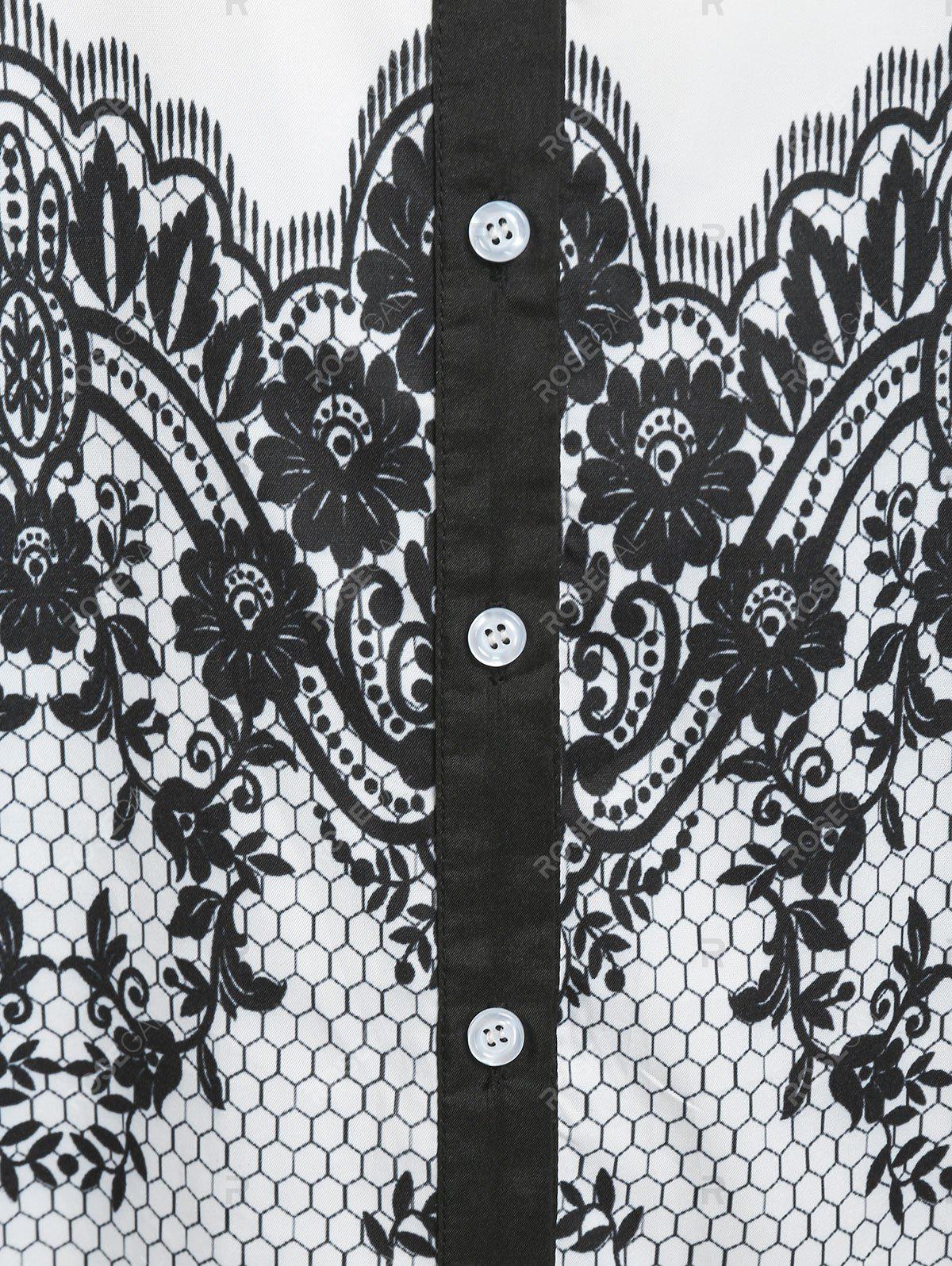 Plus Size Button Up Lace Print Shirt