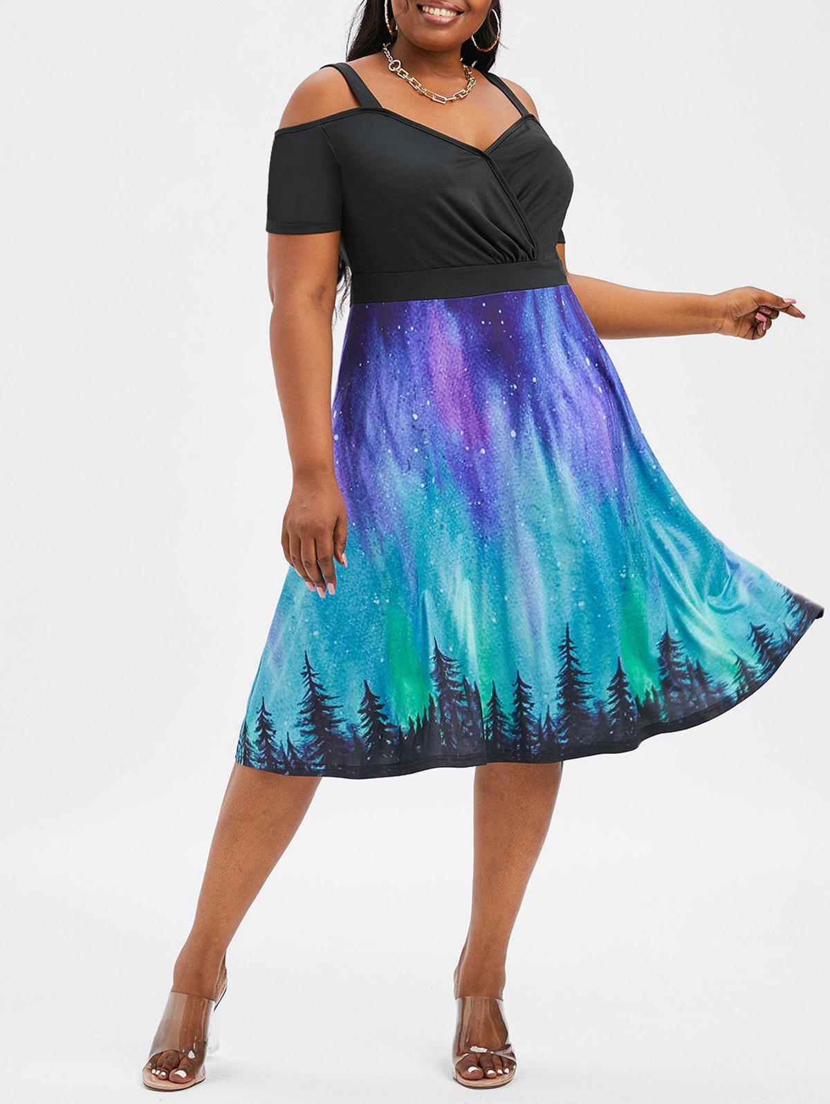 Galaxy Print Cold Shoulder Surplice Dress