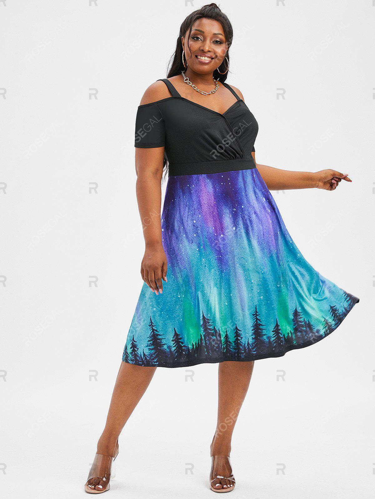 Galaxy Print Cold Shoulder Surplice Dress