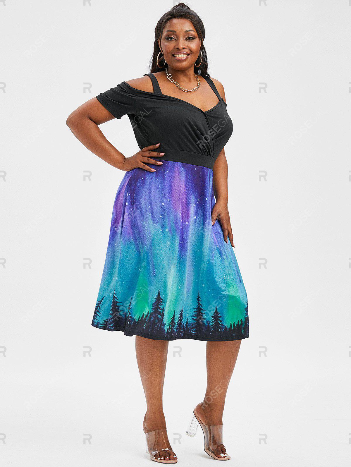 Galaxy Print Cold Shoulder Surplice Dress