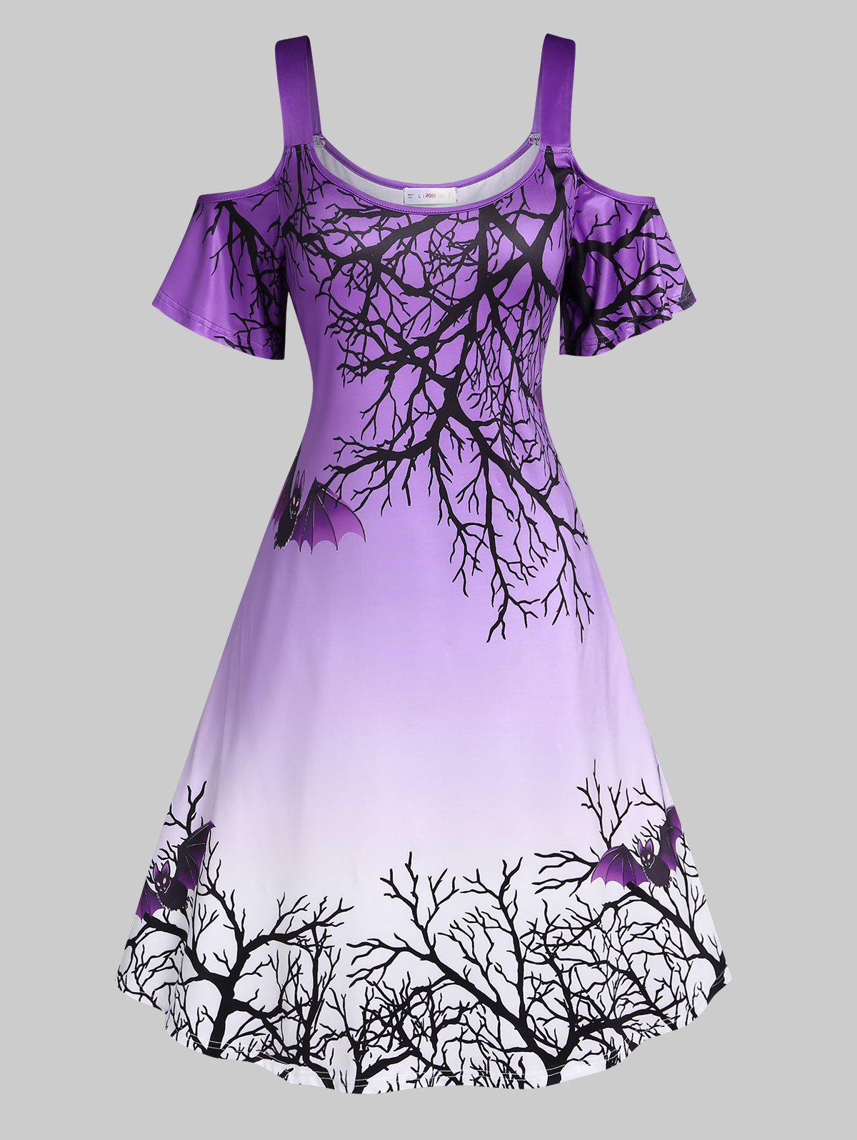 Plus Size Halloween Cold Shoulder Bat Tree Print Dress