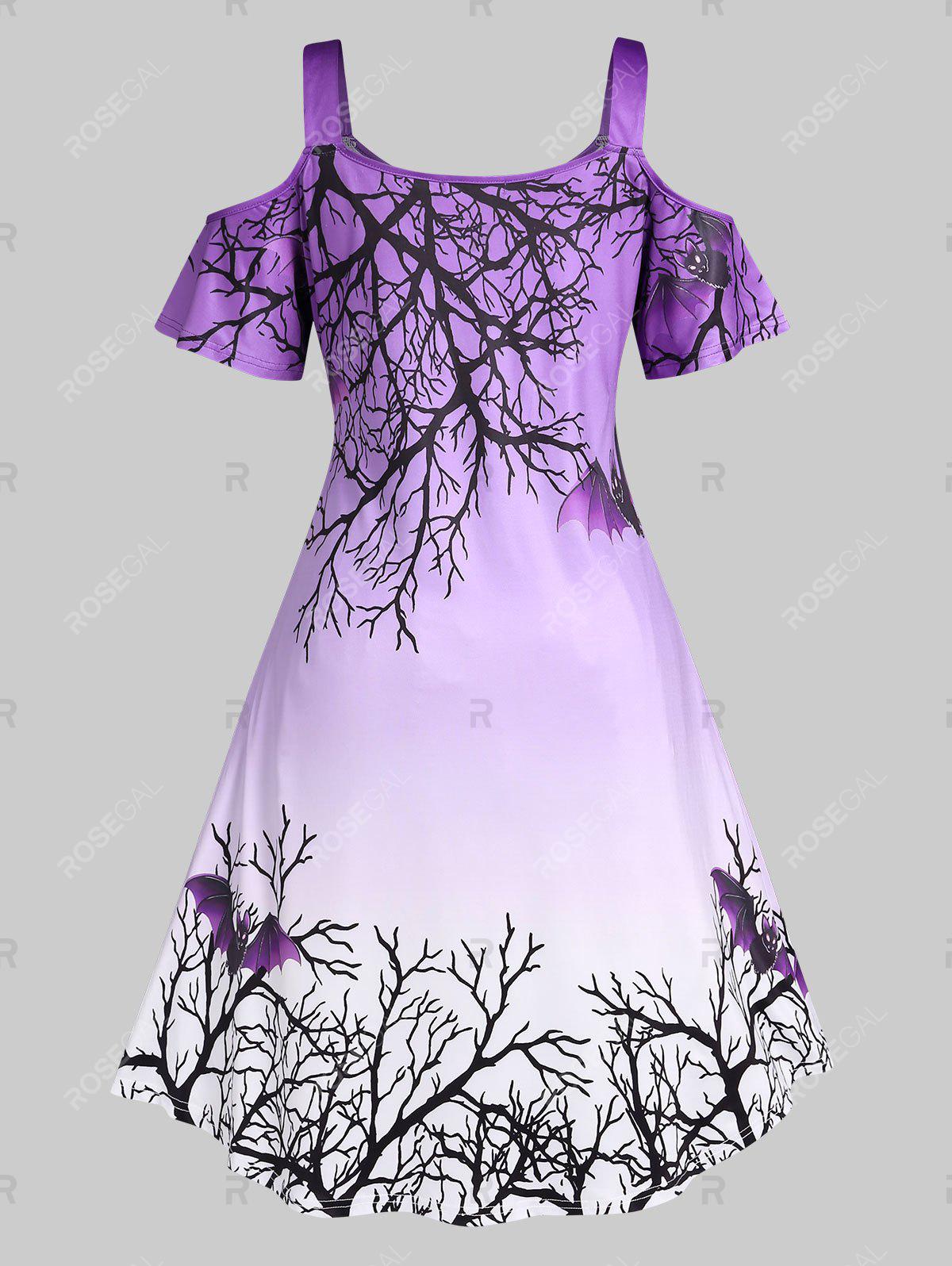 Plus Size Halloween Cold Shoulder Bat Tree Print Dress