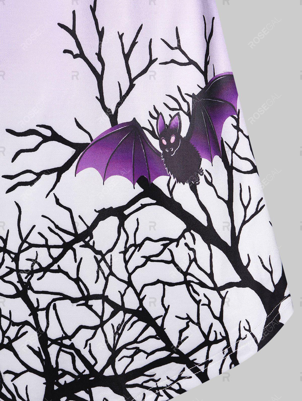 Plus Size Halloween Cold Shoulder Bat Tree Print Dress