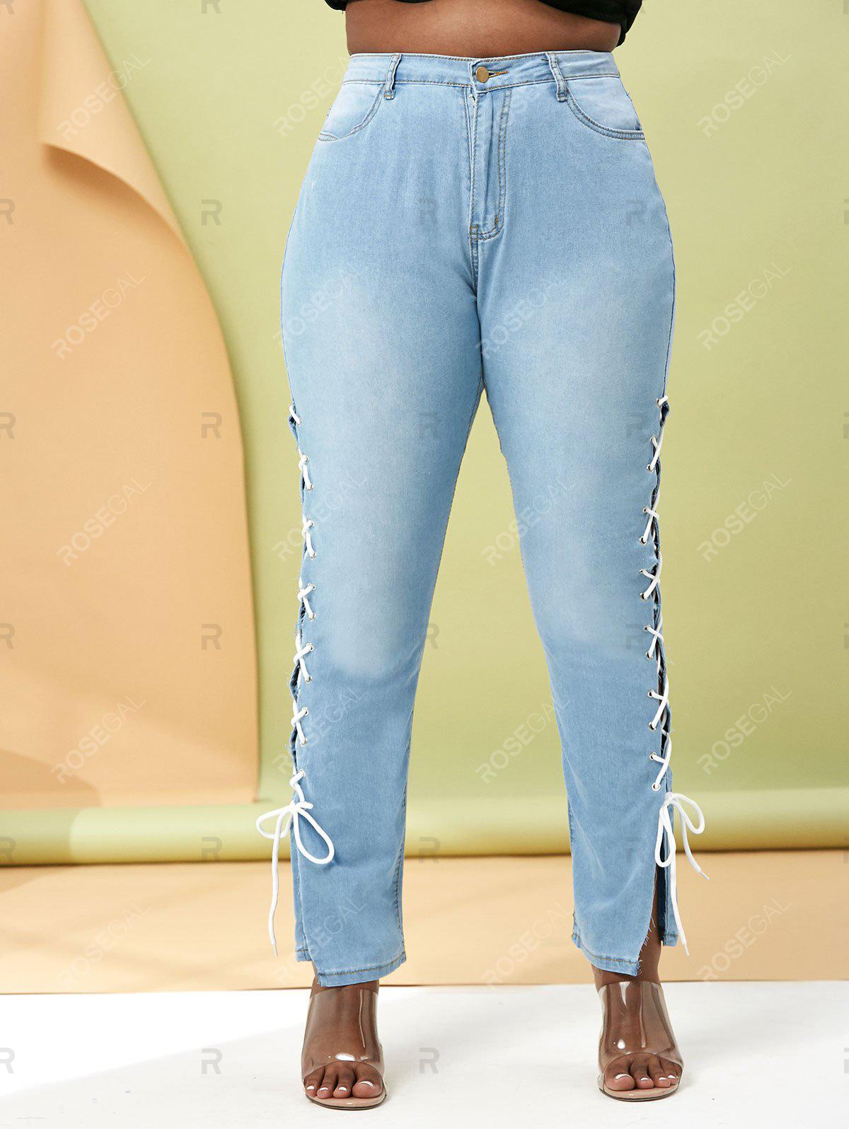 Plus Size Contrast Lace Up Side Tapered Jeans