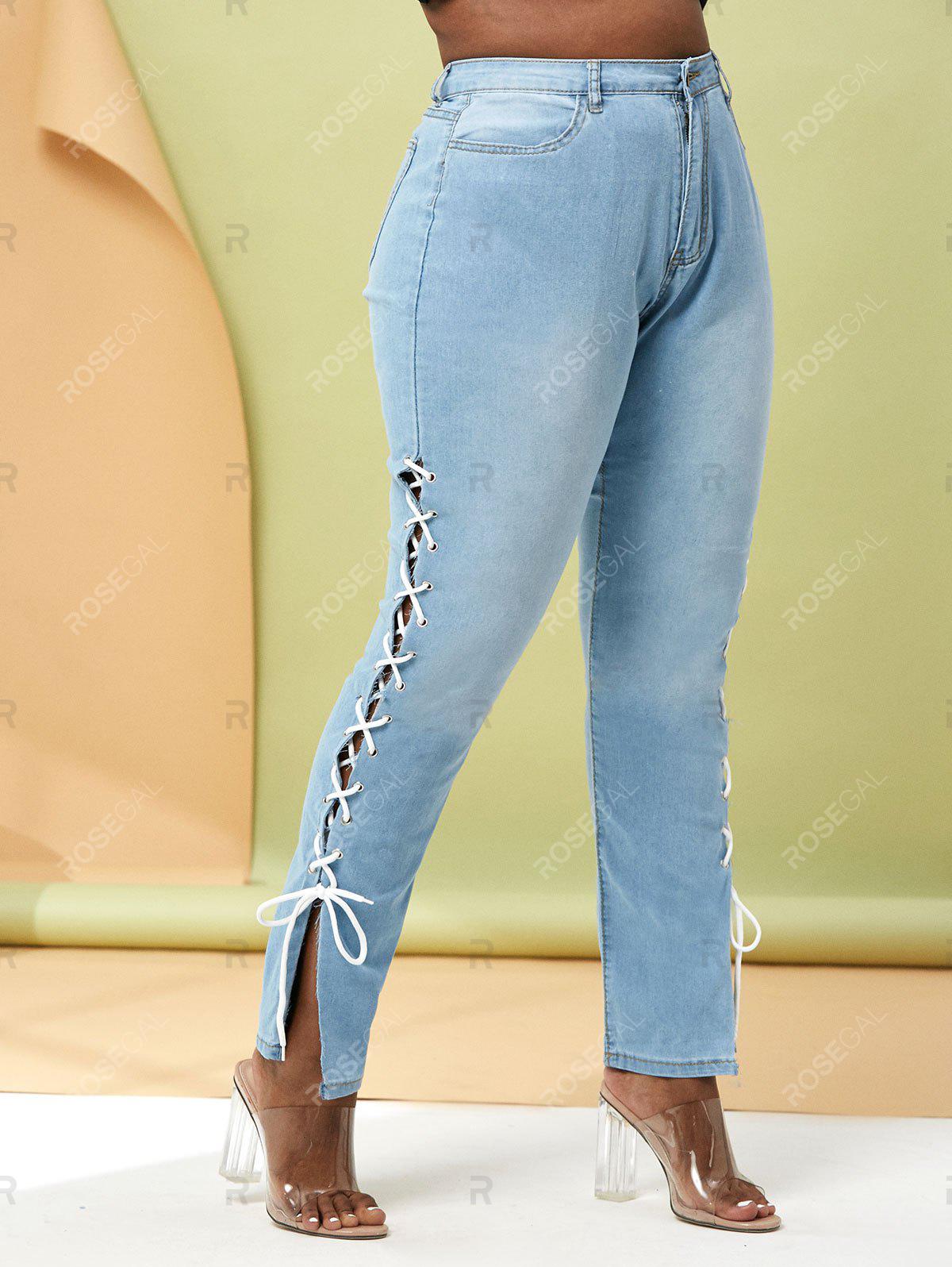 Plus Size Contrast Lace Up Side Tapered Jeans