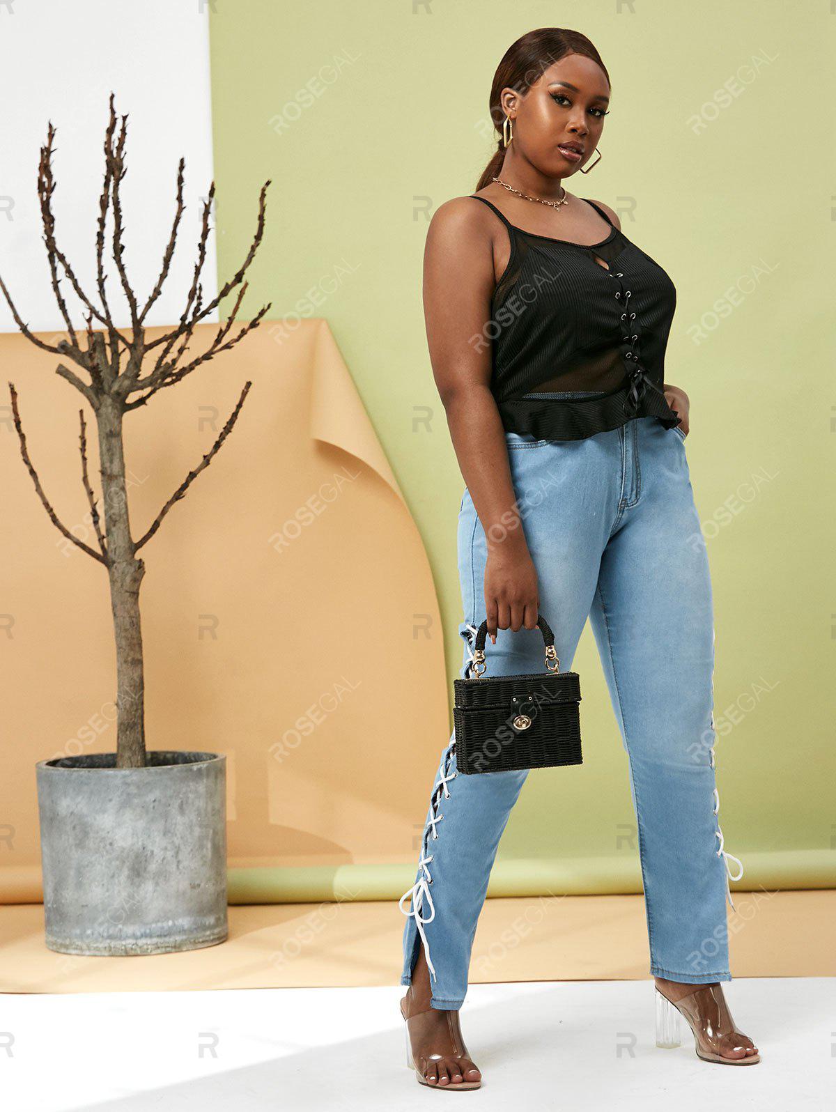 Plus Size Contrast Lace Up Side Tapered Jeans