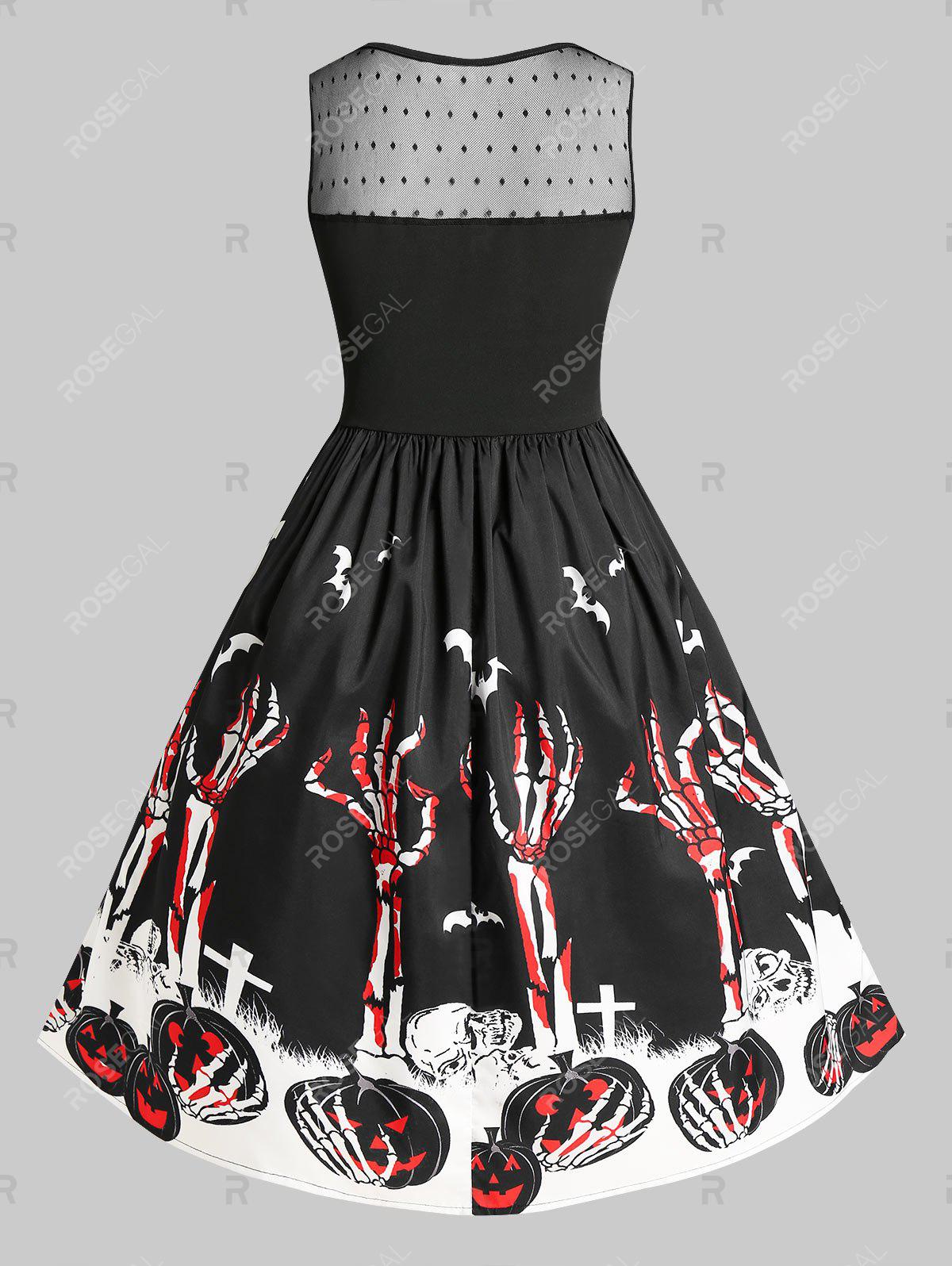 Plus Size Halloween Skeleton Pumpkin Skulls Dobby Mesh Retro Dress