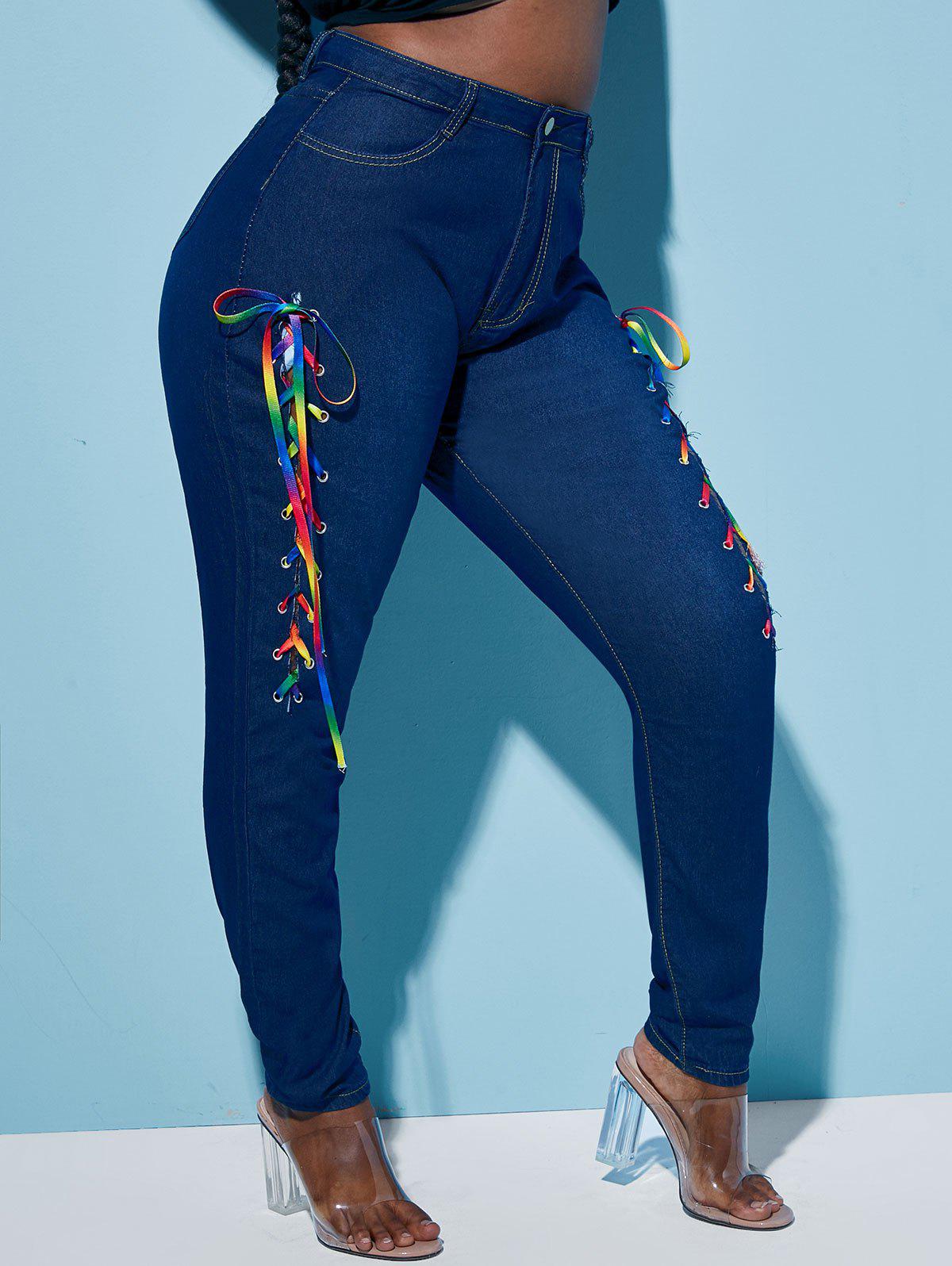 Skinny Colorful Lace Up Front Plus Size Jeans