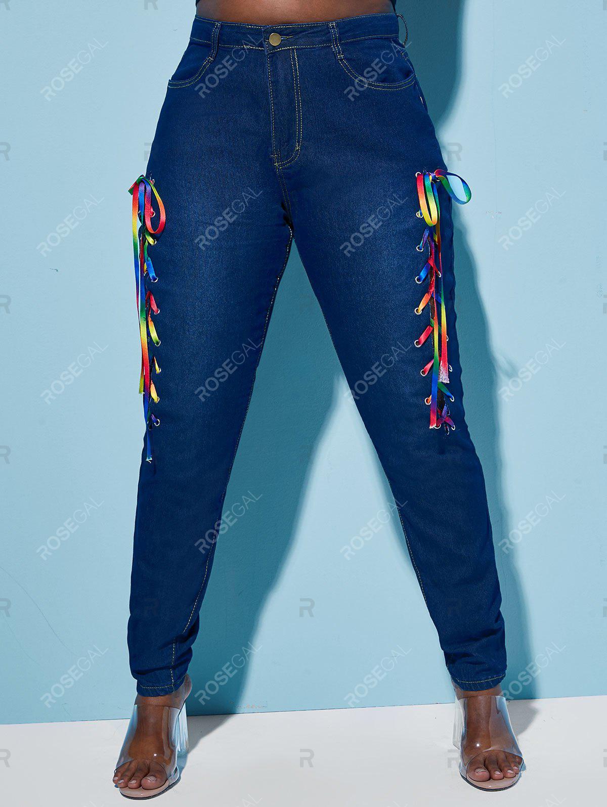 Skinny Colorful Lace Up Front Plus Size Jeans