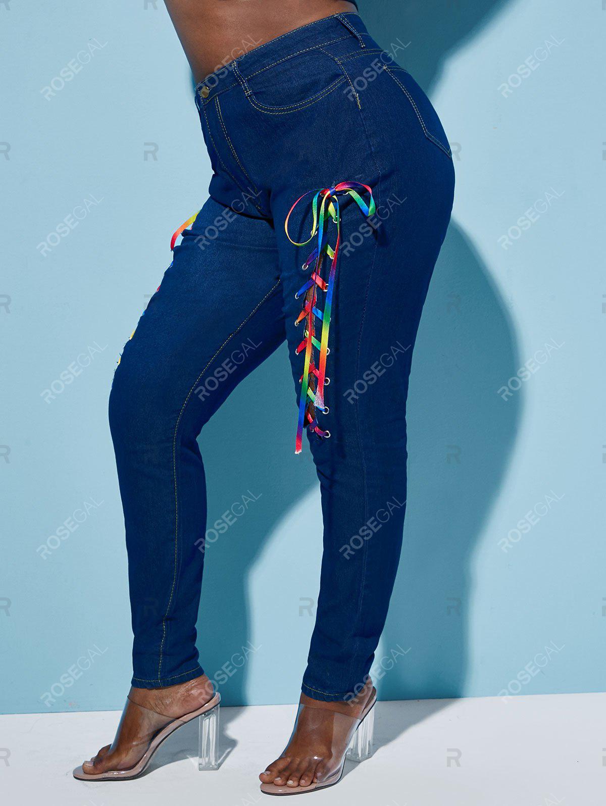 Skinny Colorful Lace Up Front Plus Size Jeans