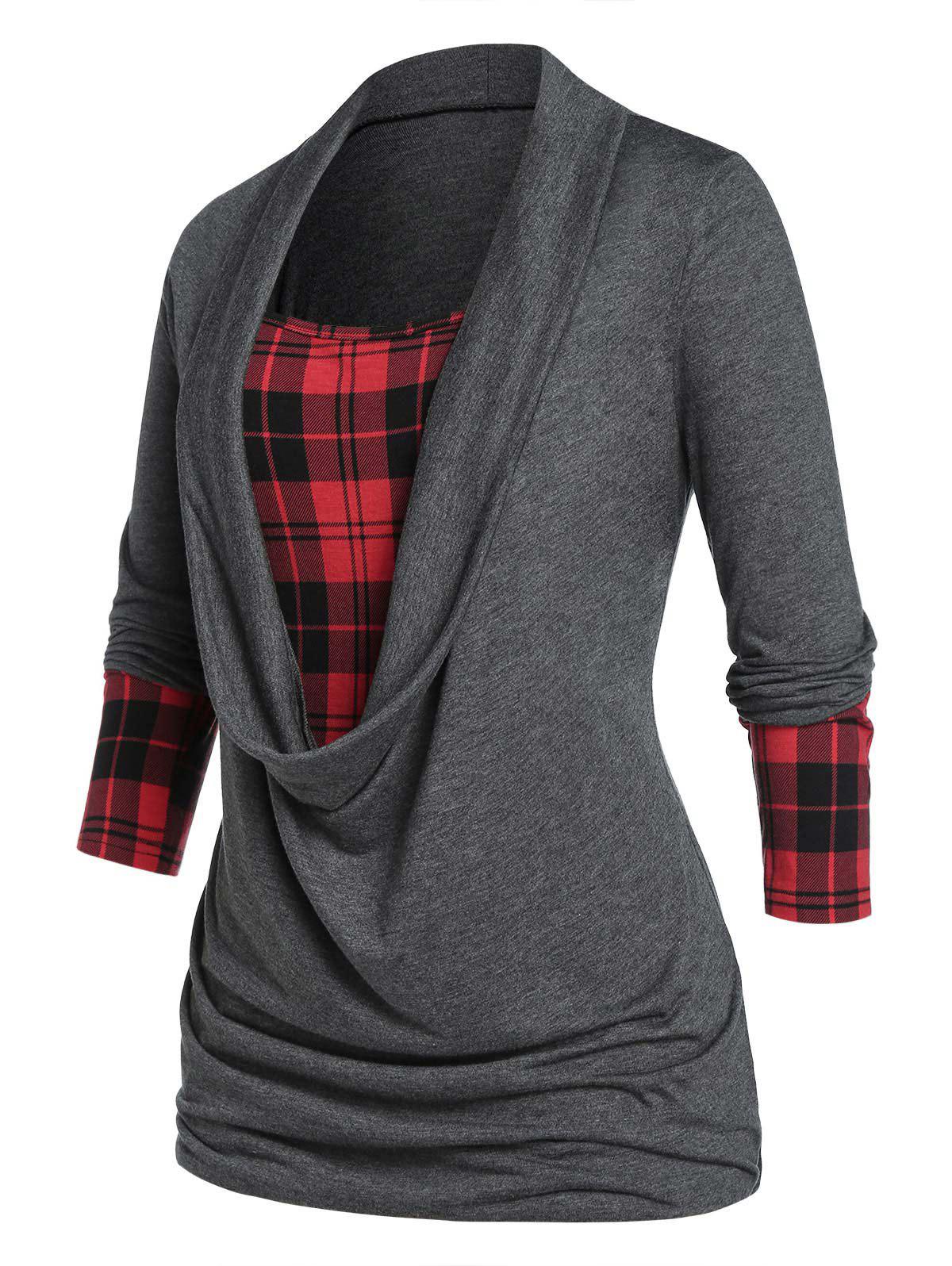 Plus Size Plaid Draped Ruched Long Sleeve Tee