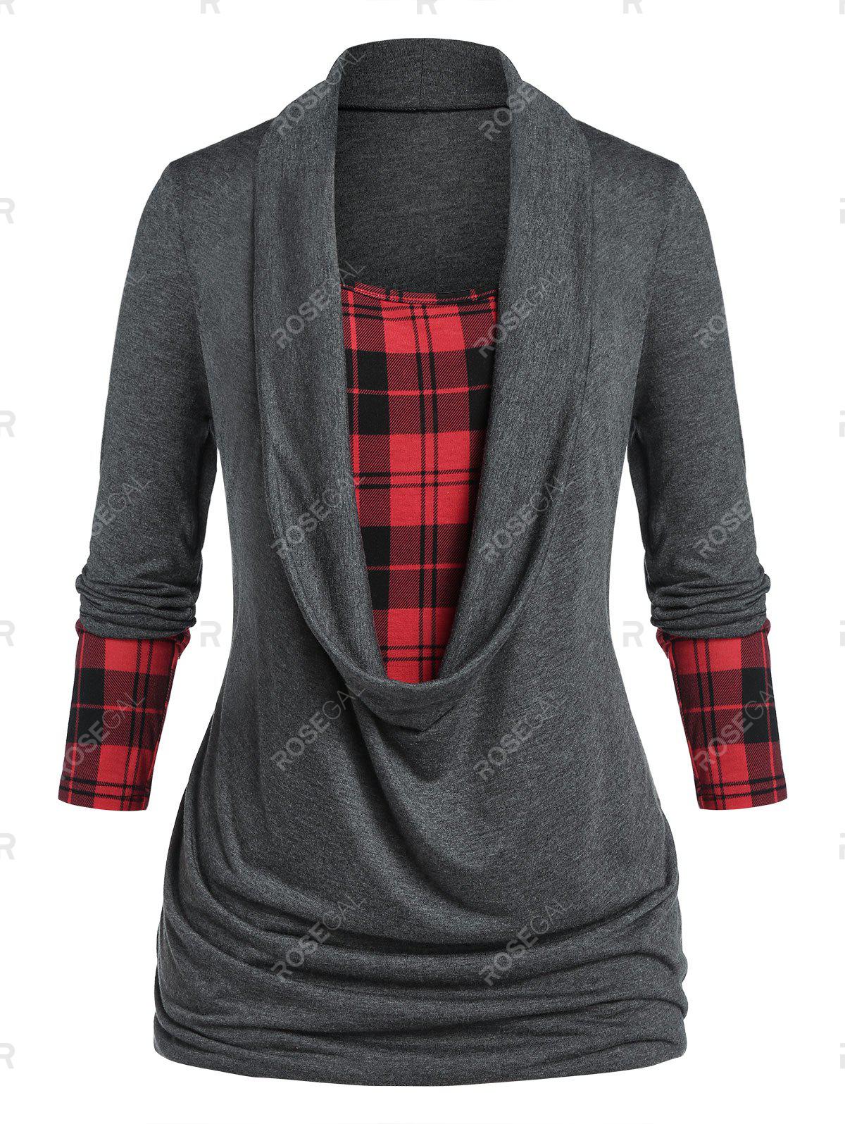 Plus Size Plaid Draped Ruched Long Sleeve Tee