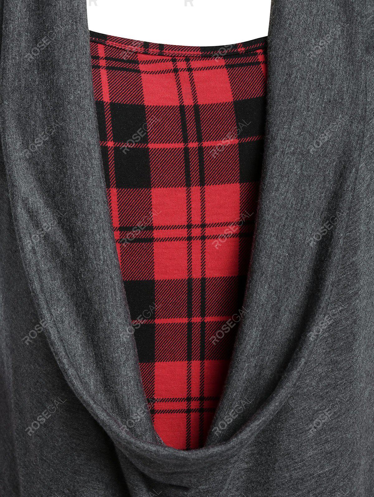 Plus Size Plaid Draped Ruched Long Sleeve Tee