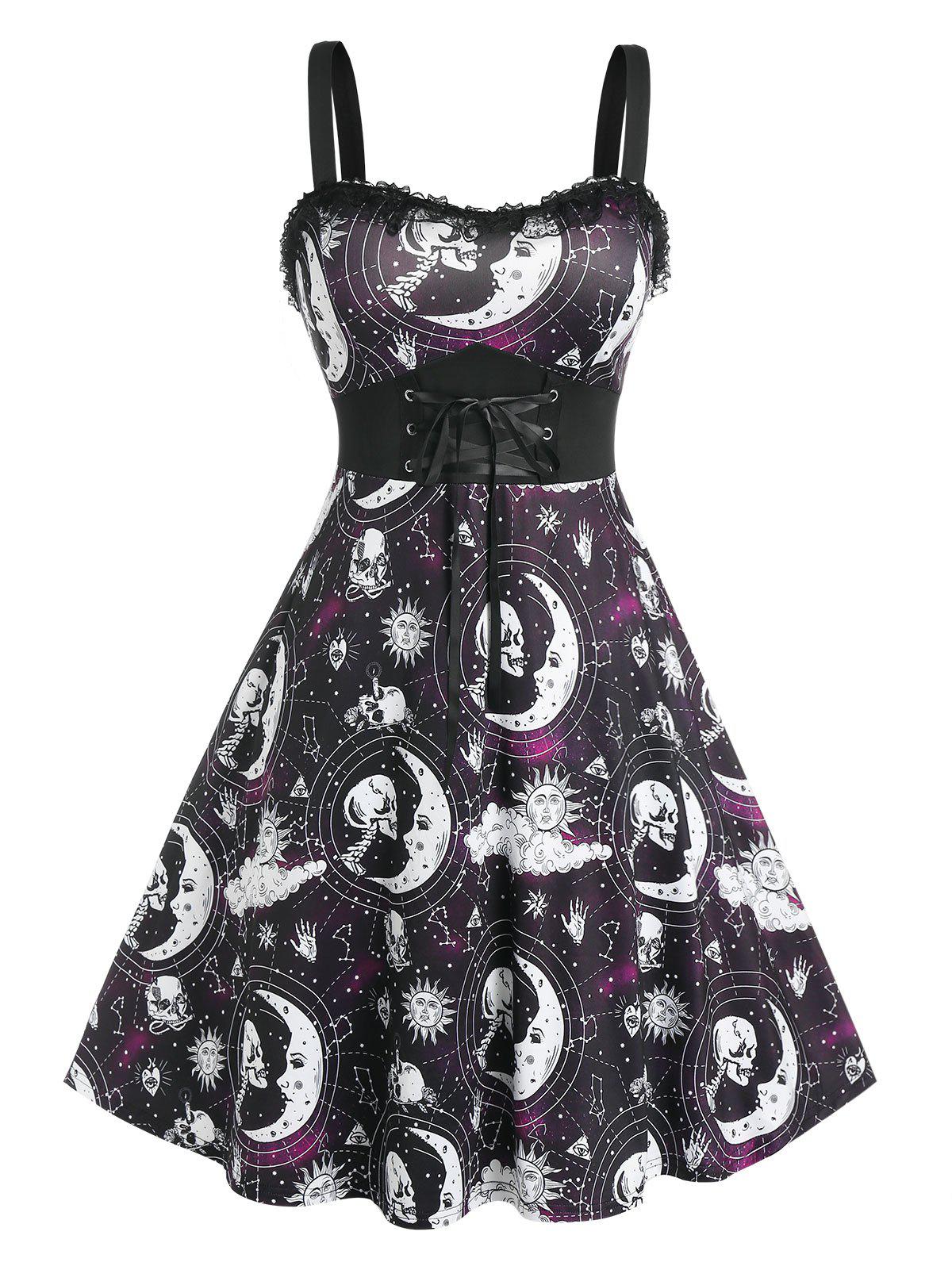 Plus Size Skull Moon Sun Lace Up A Line Dress