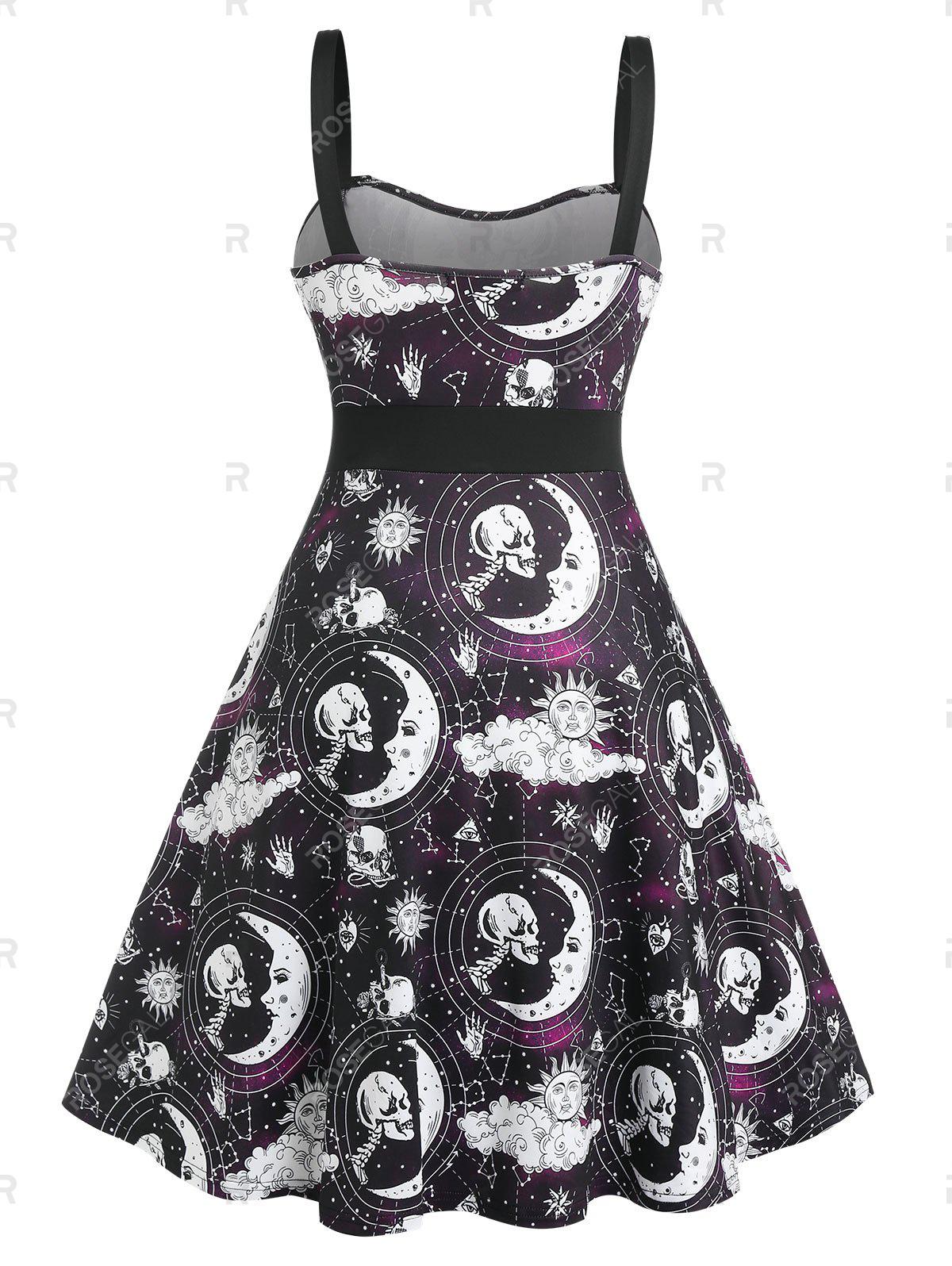 Plus Size Skull Moon Sun Lace Up A Line Dress