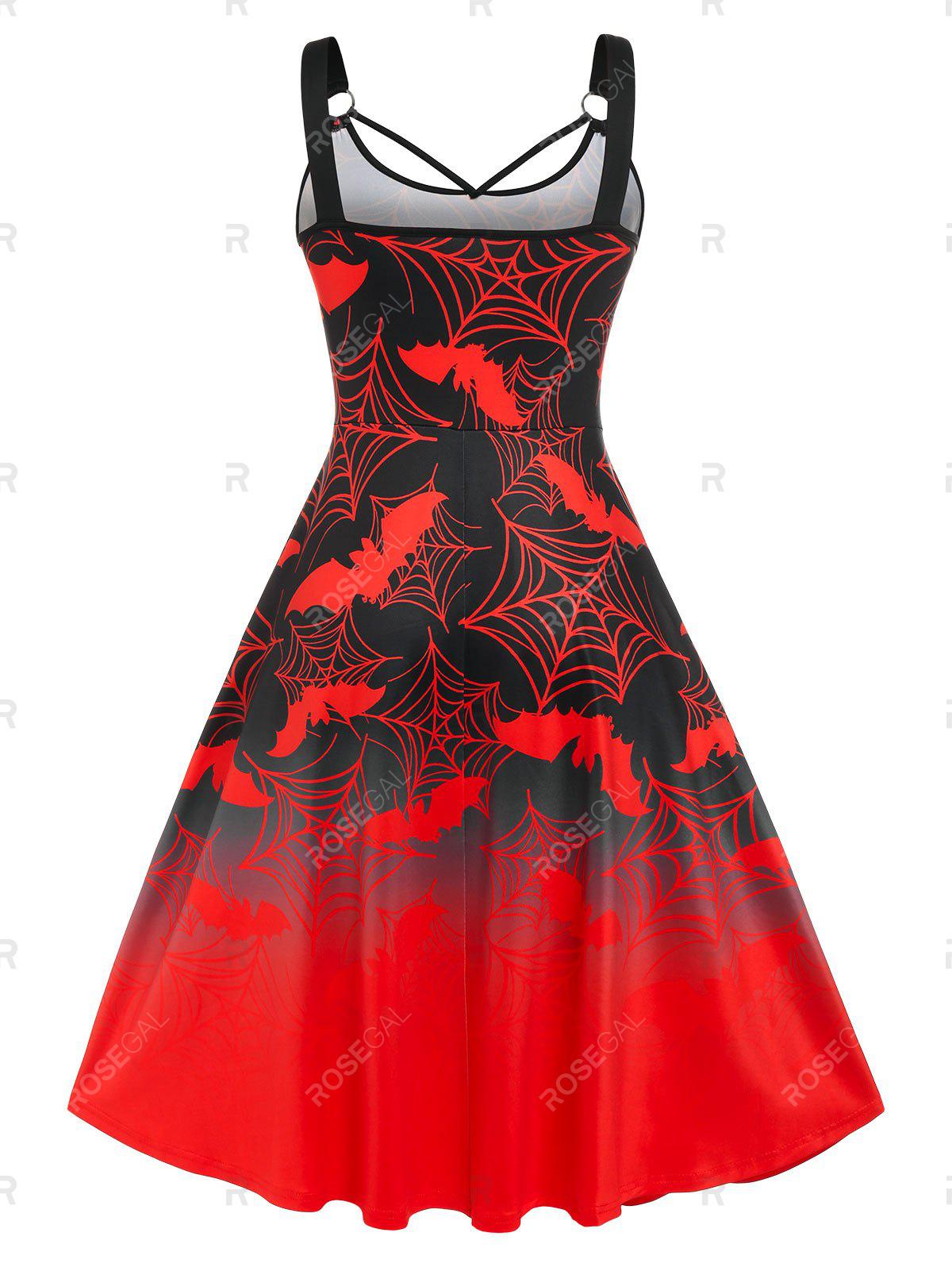 Plus Size Bat Spider Web Print Halloween Midi Dress