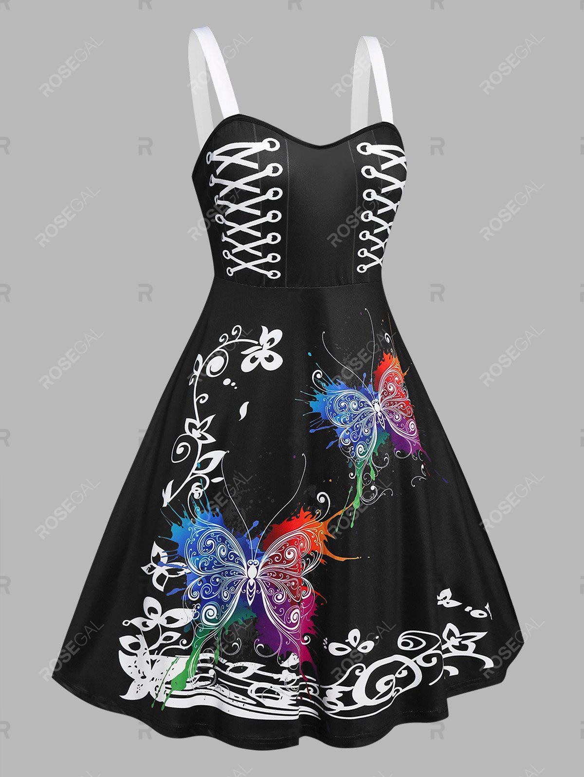 Plus Size Butterfly Print Fit and Flare Dress