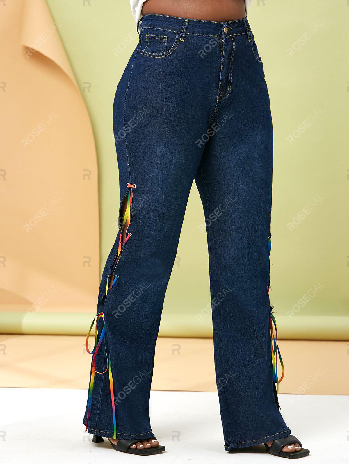 Plus Size Colorful Lace Up Side Flare Jeans